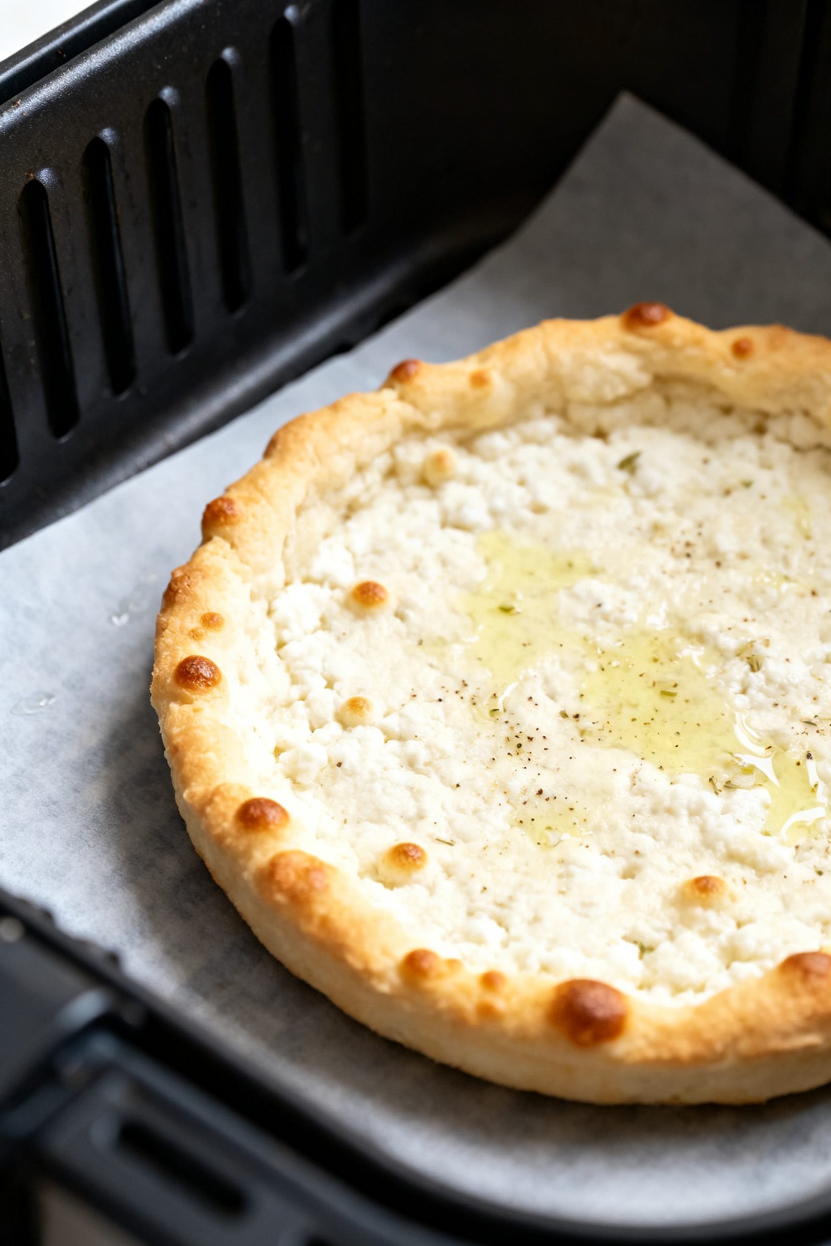 Close-up detail: Par-baked cottage cheese crust in an air fryer basket, edges golden and lightly cri