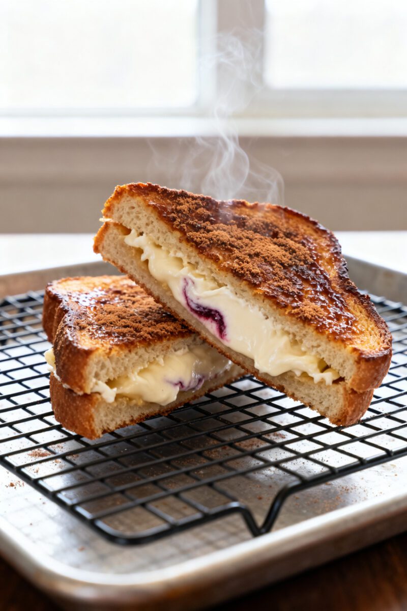 Close-up detail shot: A diagonally sliced stuffed French toast sandwich just out of the air fryer, s