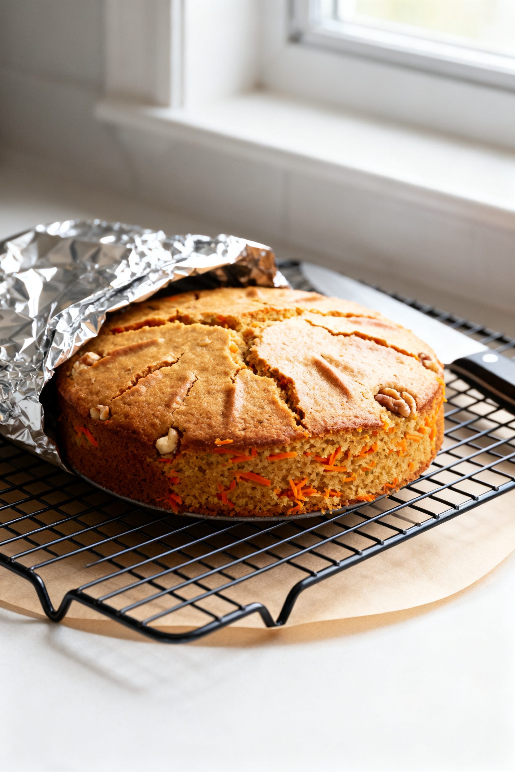 Close-up detail shot: A freshly air-fried 6-inch carrot cake just out of the pan on a cooling rack, 
