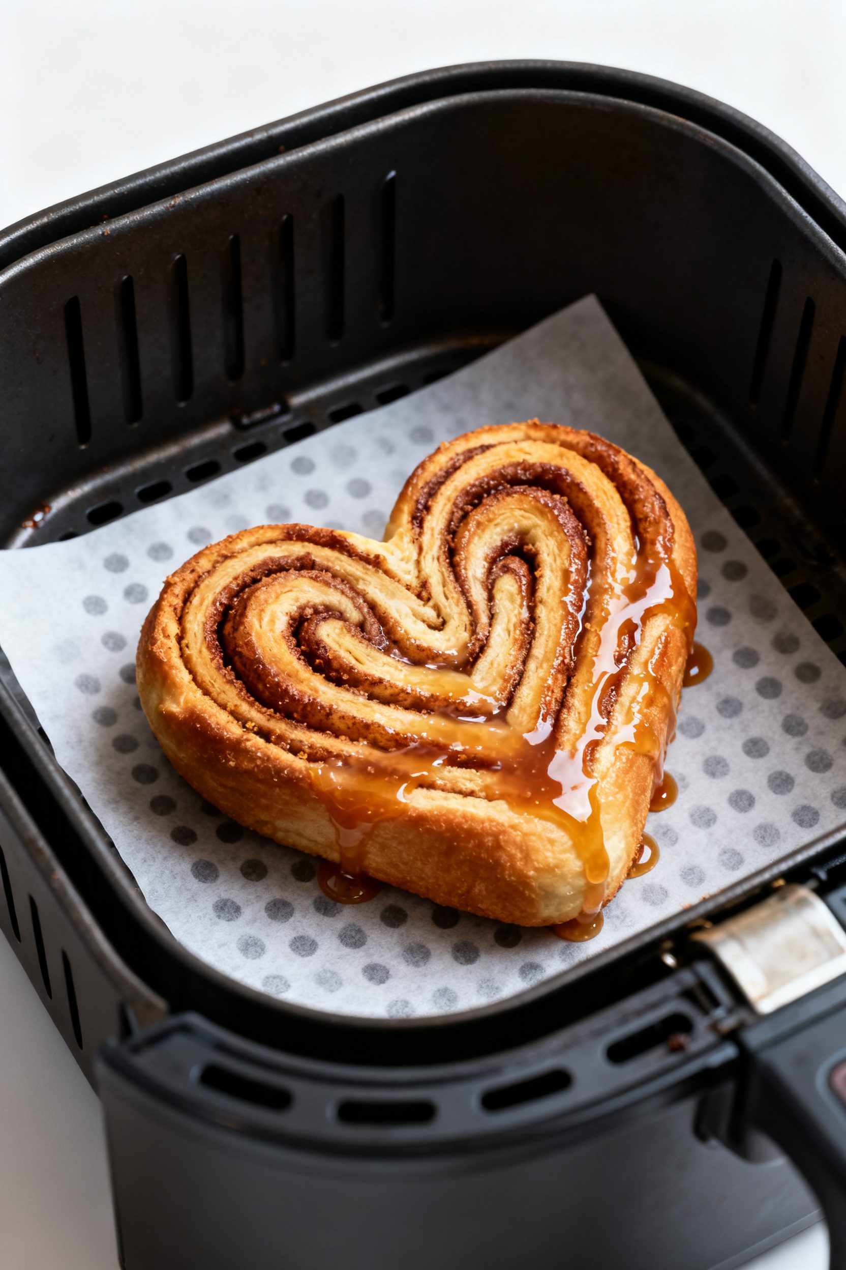 Close-up detail shot: A freshly air-fried heart-shaped cinnamon roll just out of the basket, edges l