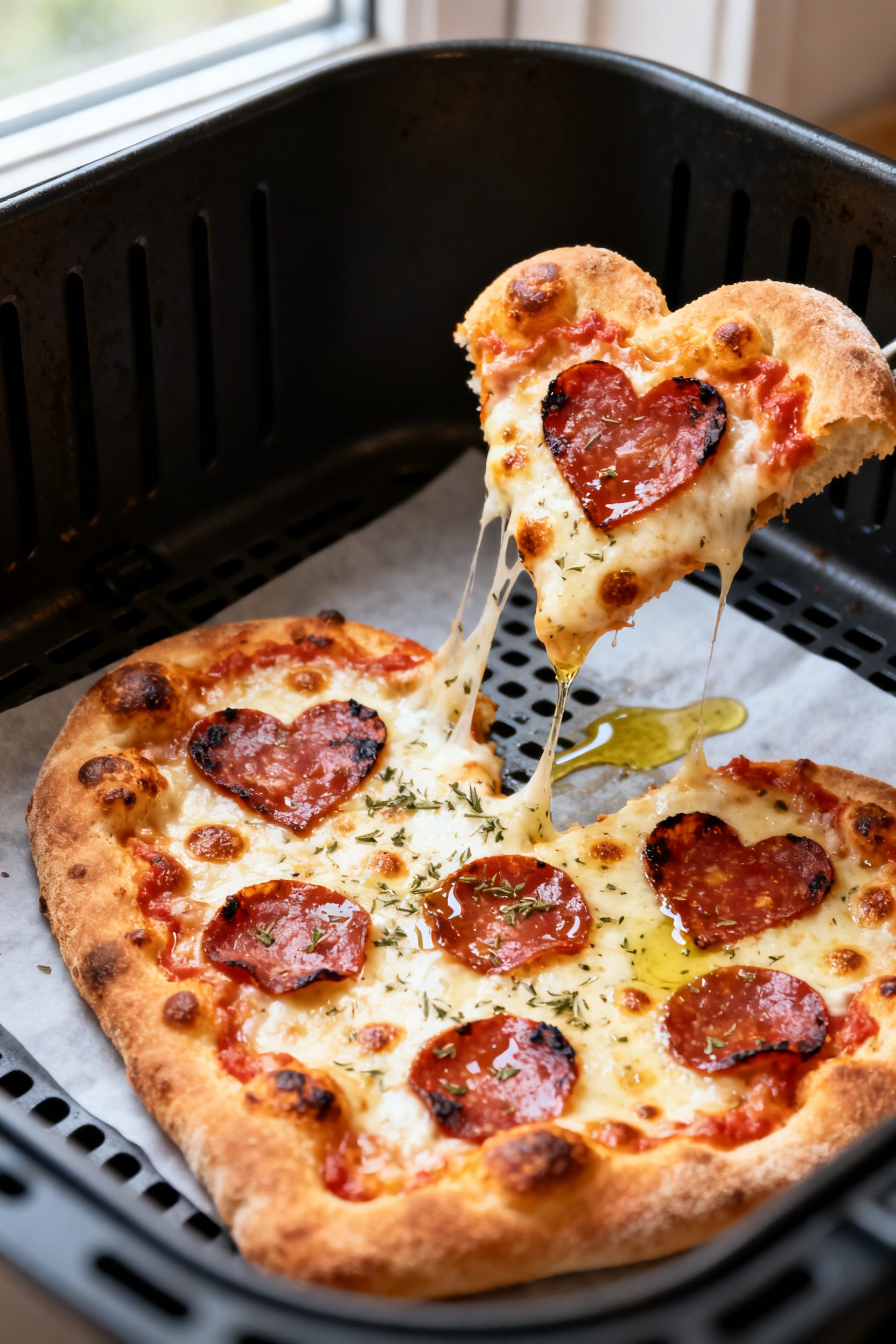 Close-up detail shot: A freshly air-fried heart-shaped pizza just out of the basket, showing a crisp