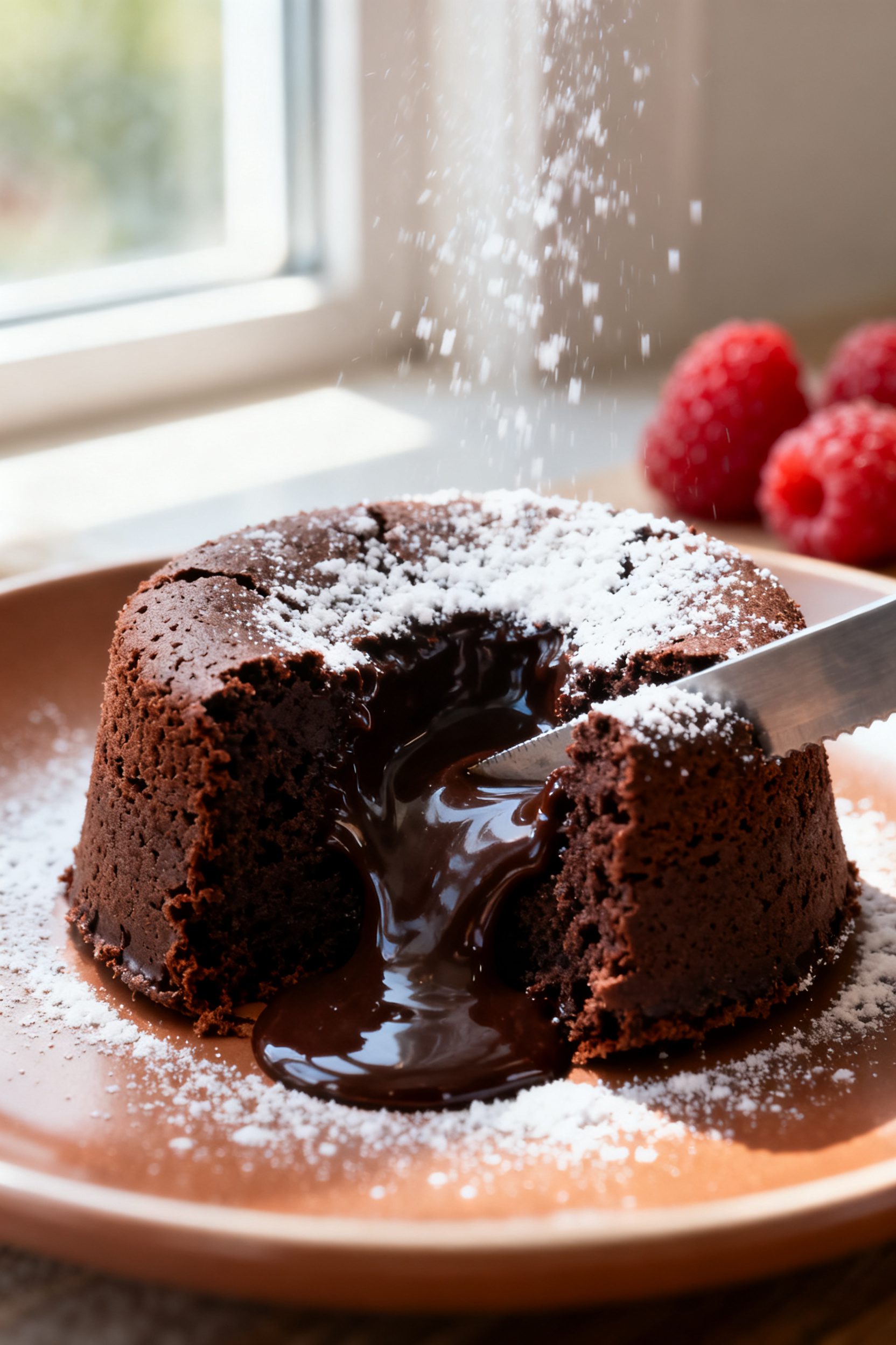 Close-up detail shot: A freshly unmolded air fryer chocolate lava cake on a warm plate, the molten c