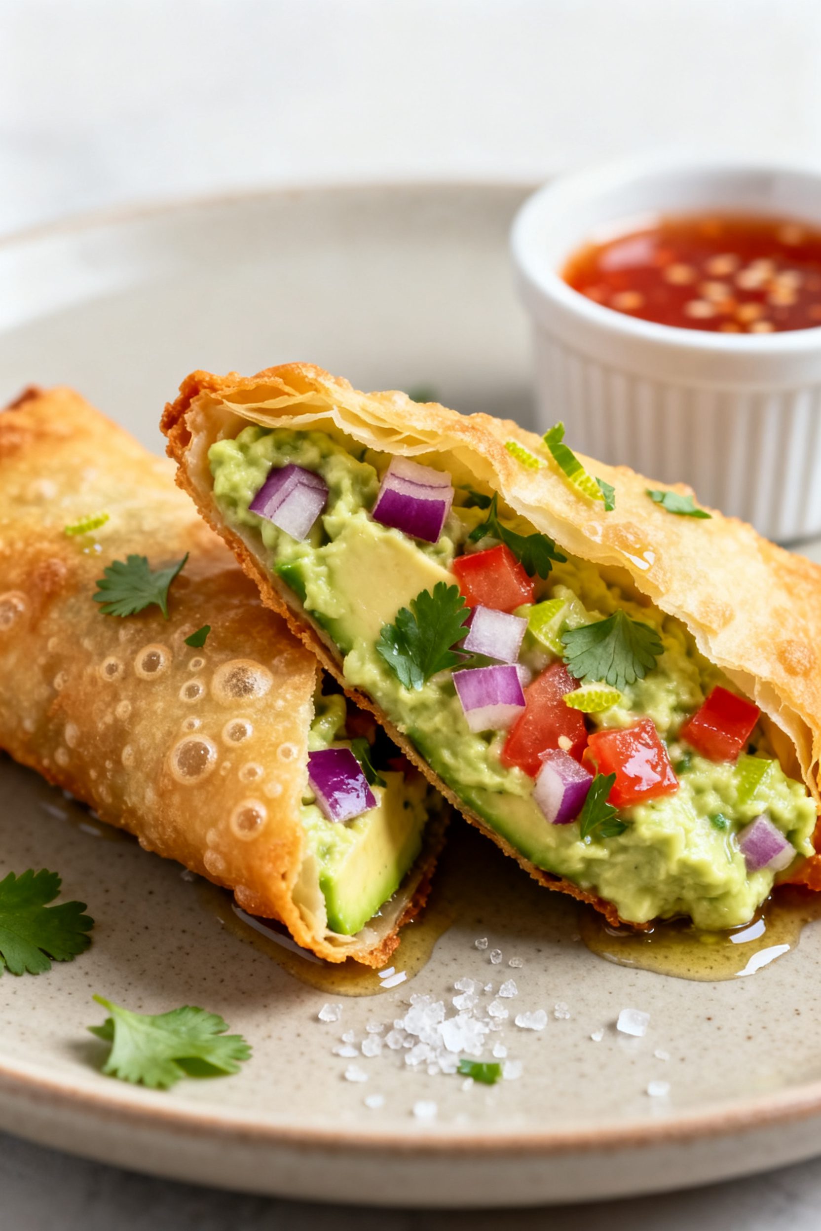 Close-up detail shot: A just-air-fried avocado egg roll sliced on the diagonal, revealing a creamy a