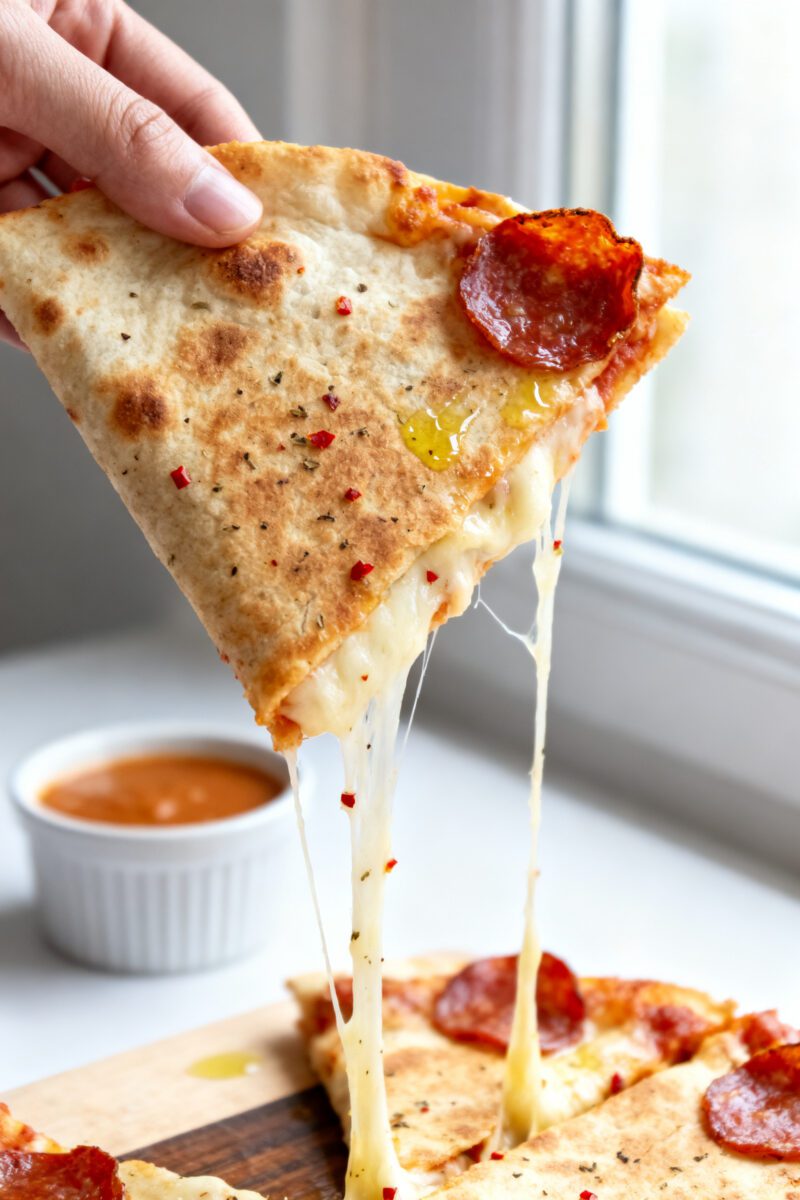 Close-up detail shot: A just-air-fried pizza quesadilla wedge held upright on a board to showcase th