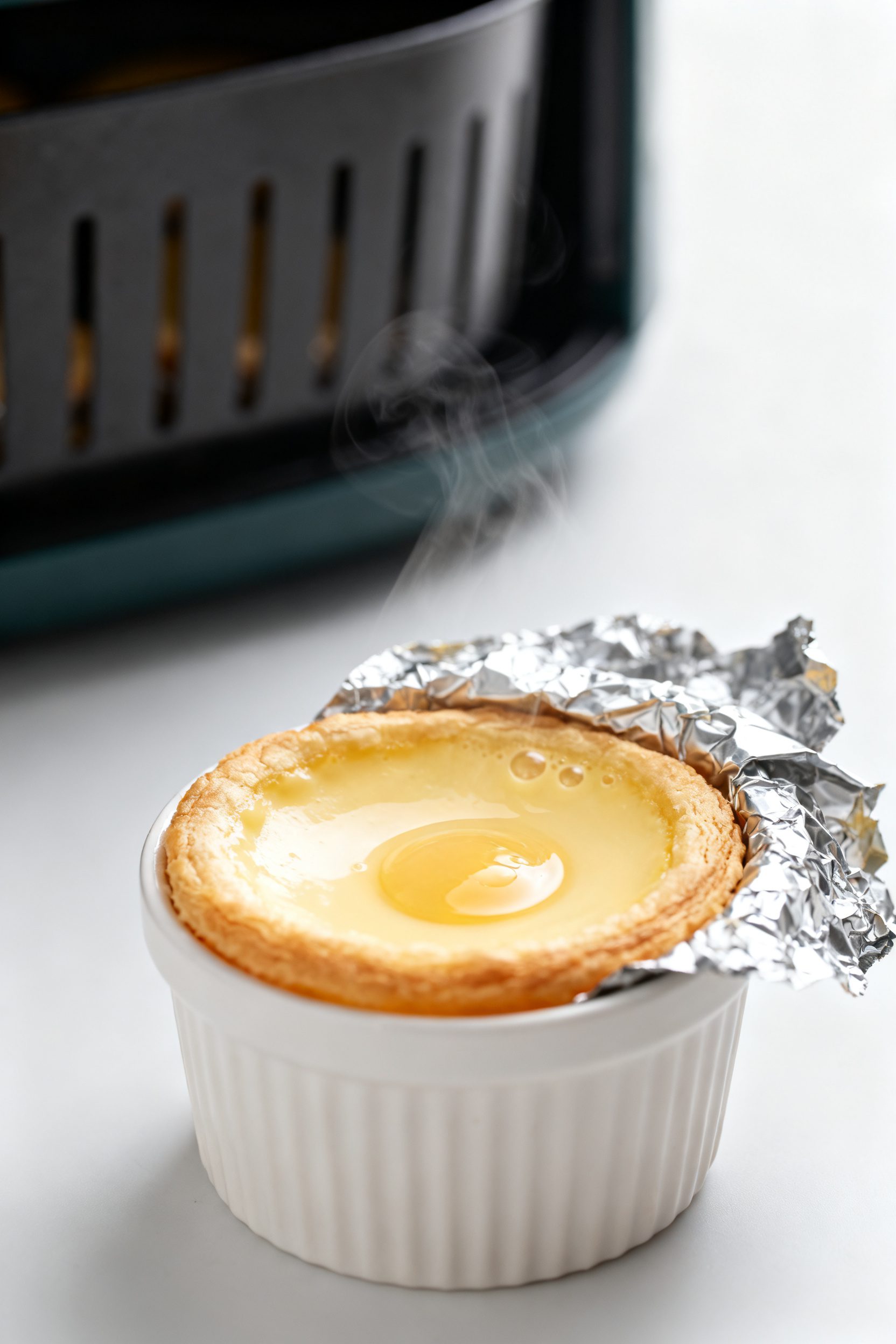 Close-up detail shot: a just-cooked air fryer egg custard in a small white ramekin, foil partially p
