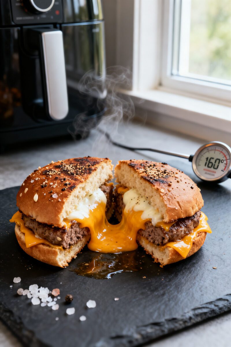 Close-up detail shot: A just-cooked air fryer stuffed burger sliced in half to reveal a molten chedd