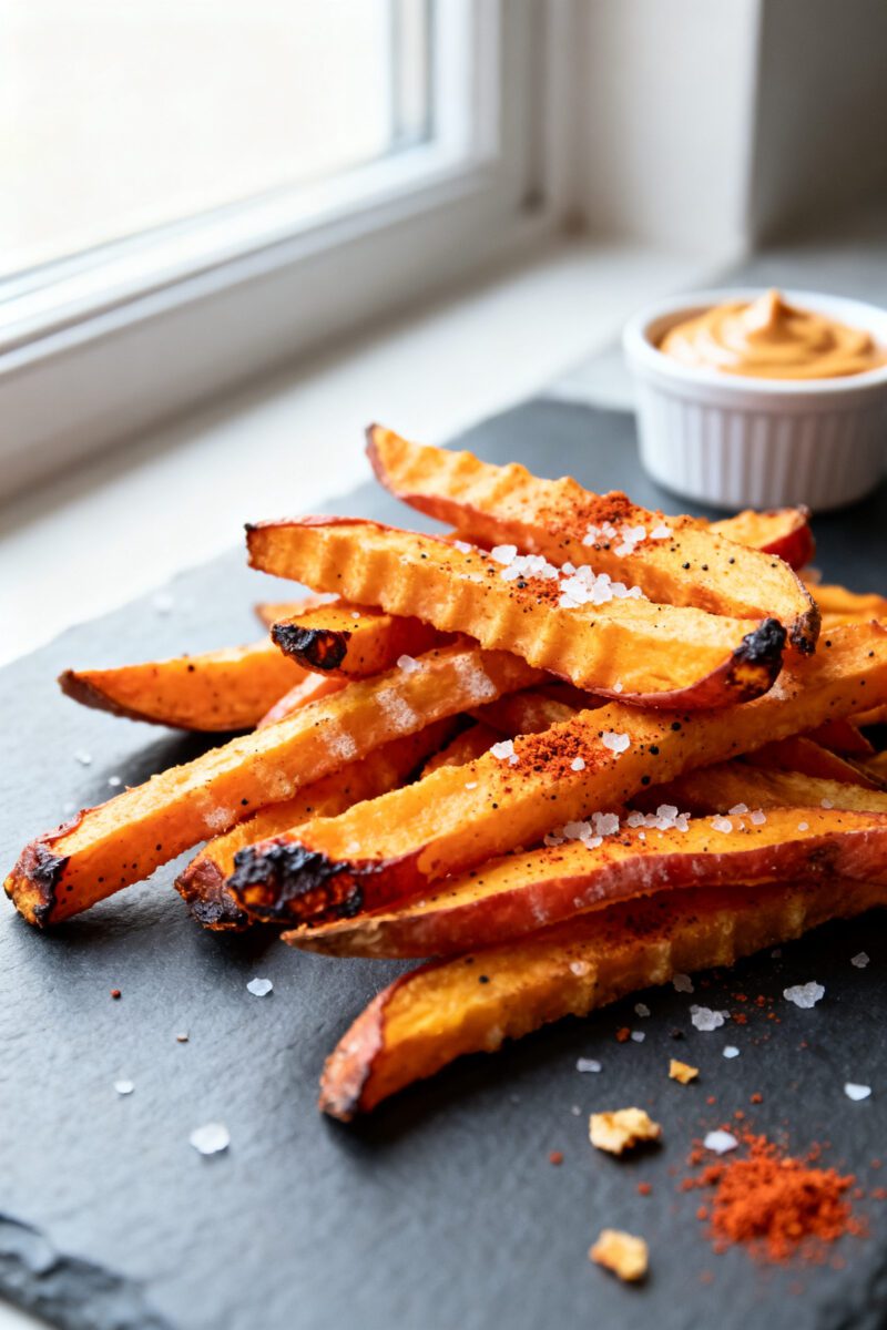 Close-up detail shot: A pile of freshly air-fried sweet potato fries with golden, caramelized edges