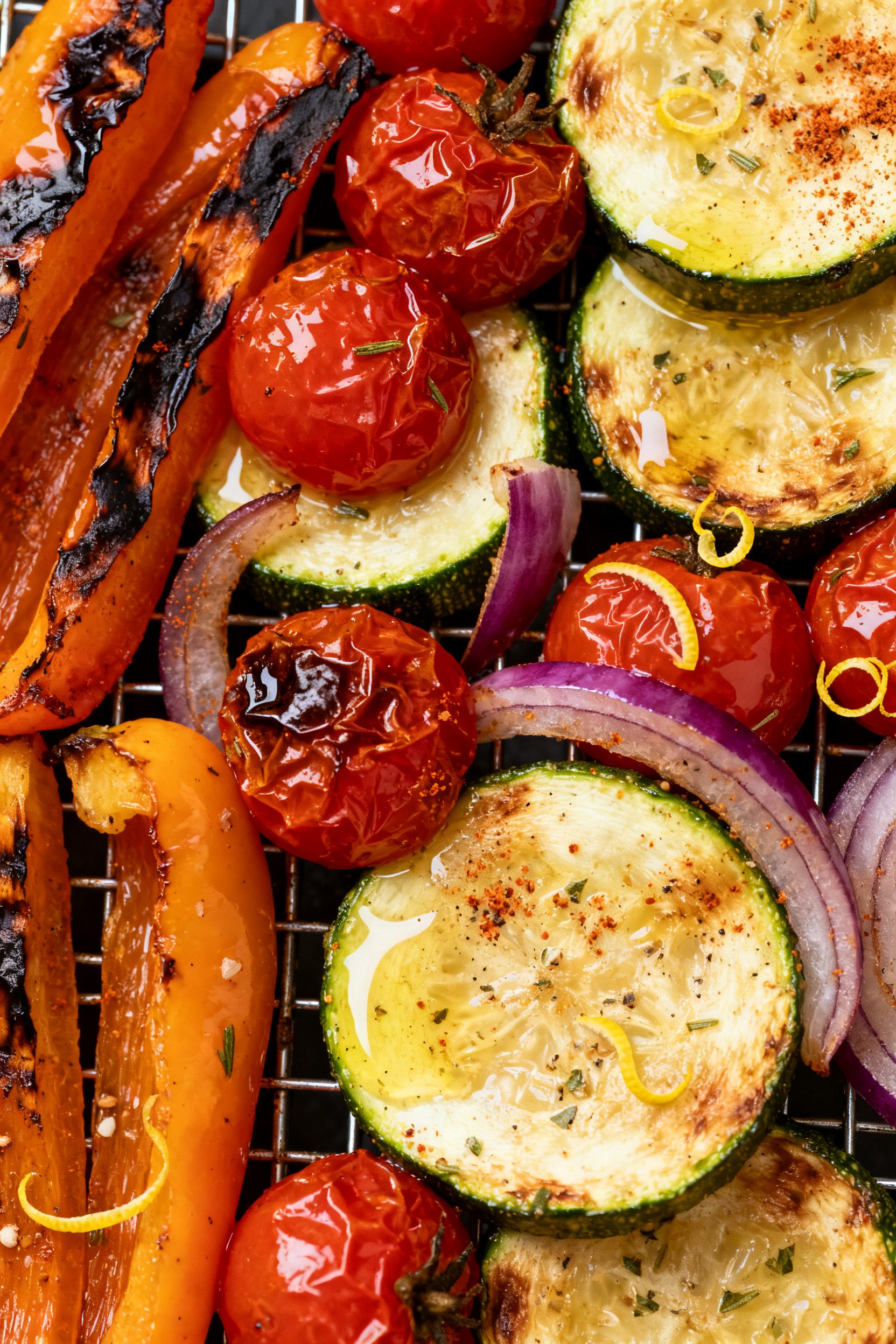 Close-up detail shot: A tight macro of air-fried mixed veggies just out of the basket—charred bell