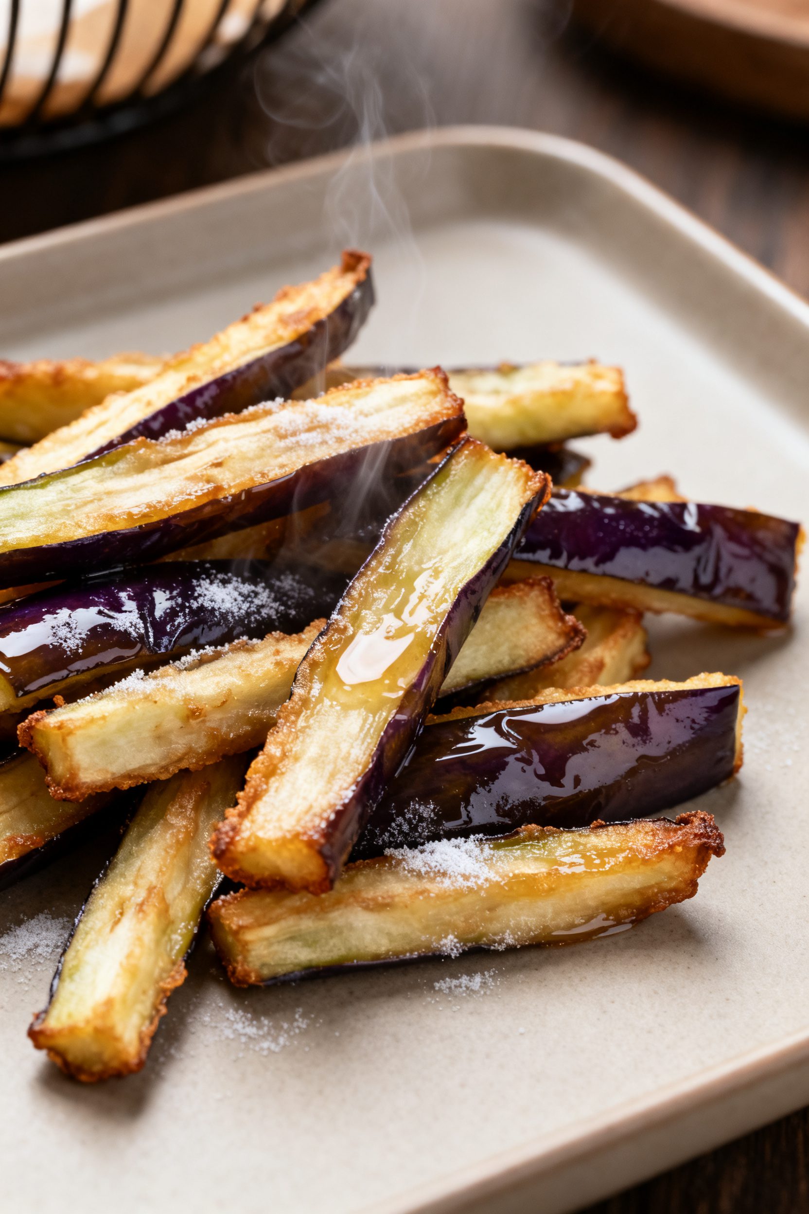 Close-up detail shot: Air-fried Chinese eggplant batons just out of the basket with deep golden, lig