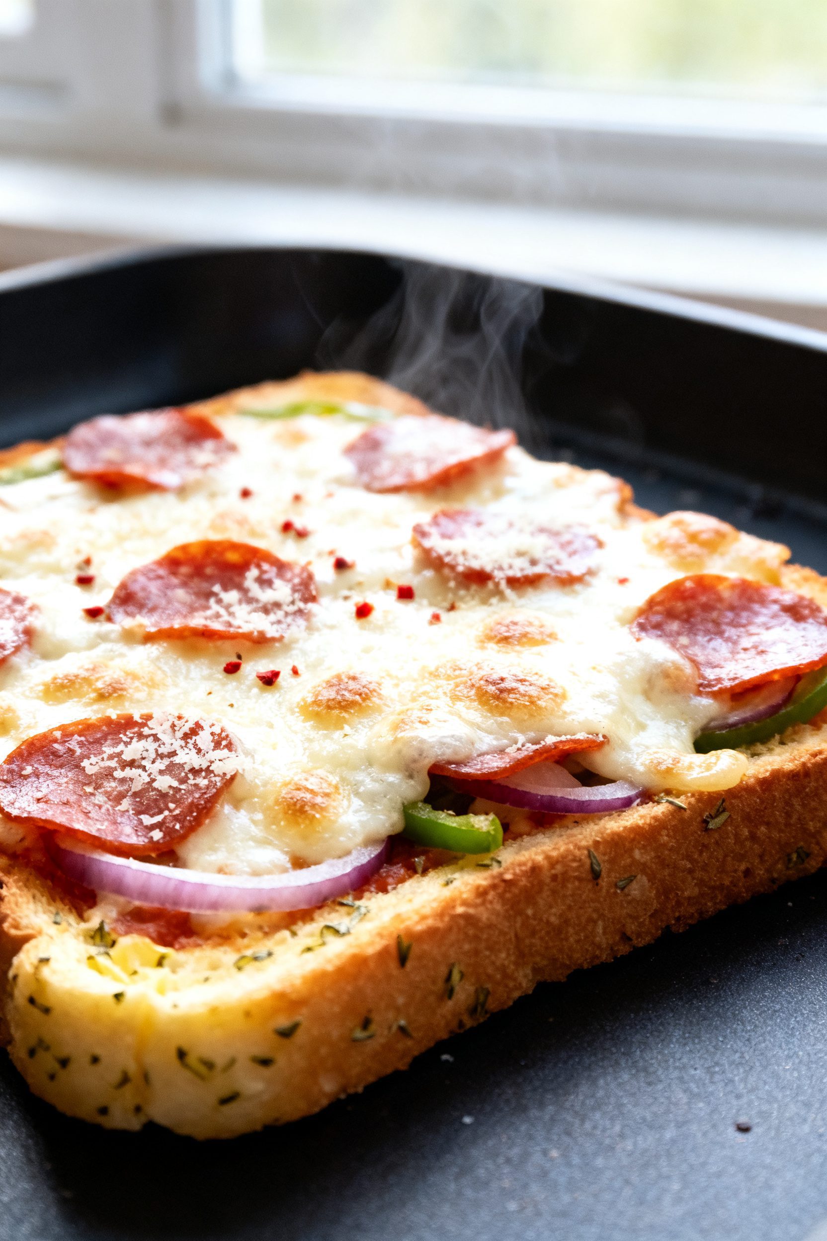 Close-up detail shot: Air-fried garlic Texas toast pizza slice just finished cooking, cheese melted 