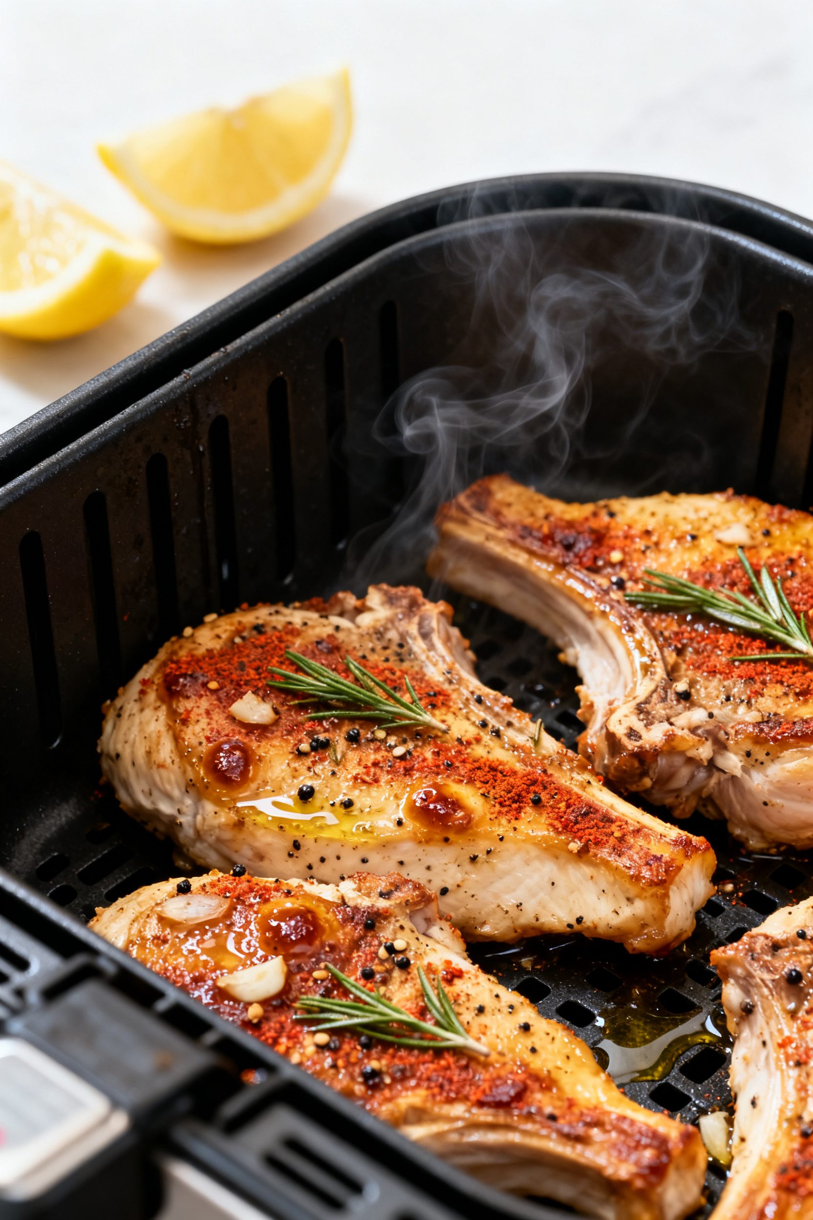 Close-up detail shot: Air-fried turkey chops just out of the basket, golden-brown crust with paprika