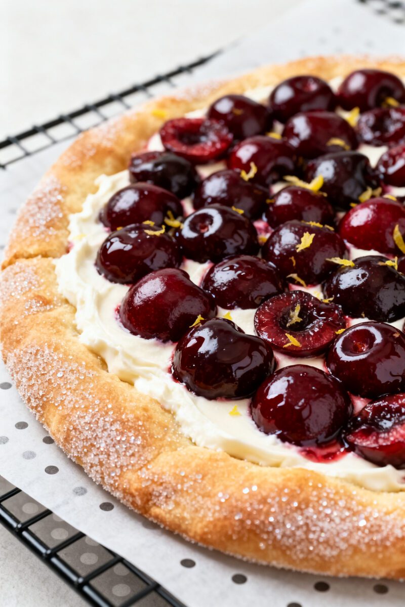 Close-up detail shot: Air fryer cherry pizza just finished cooking, showing glossy, bubbling cherry