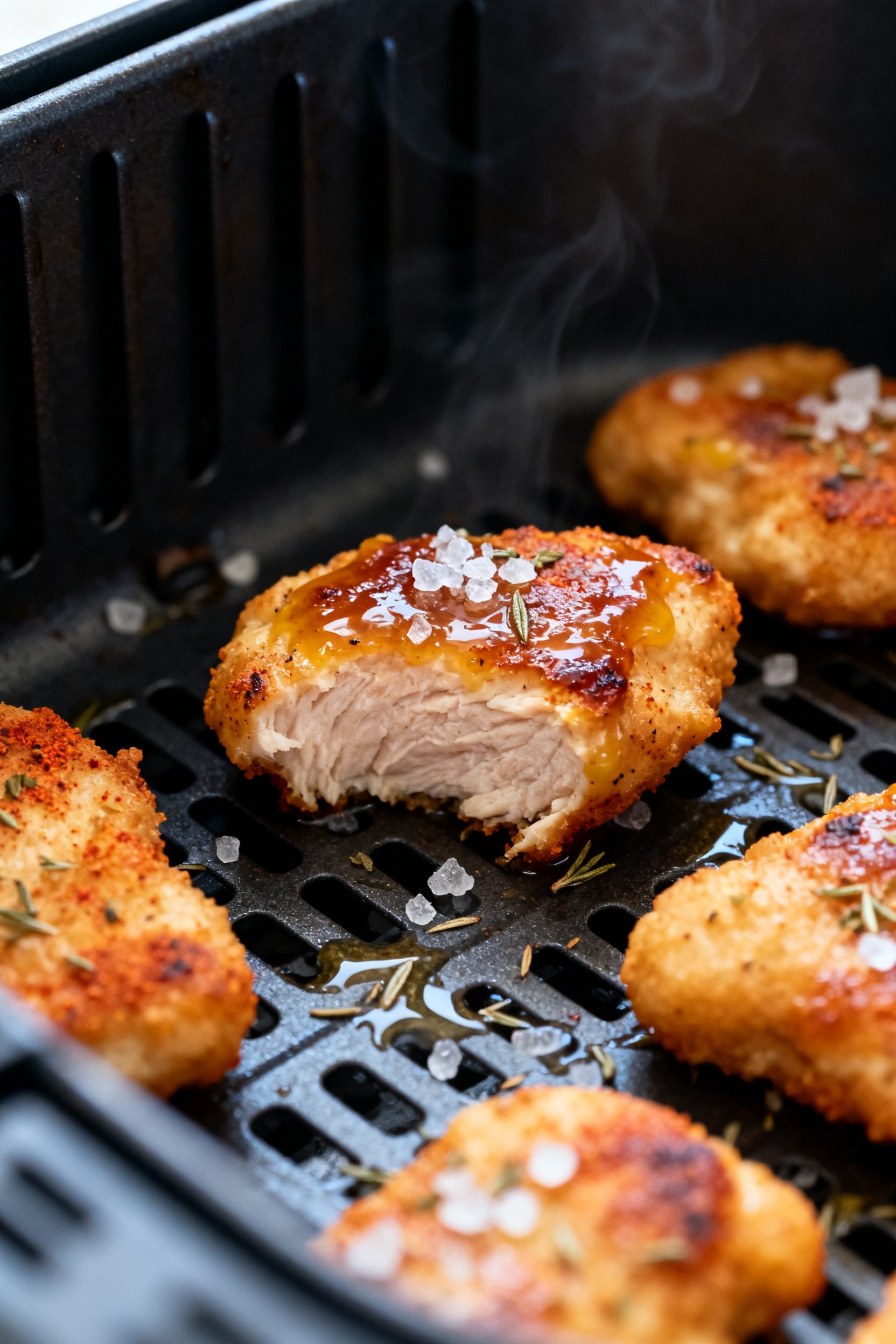 Close-up detail shot: Air fryer chicken nuggets (no breading) just out of the basket, edges lightly 