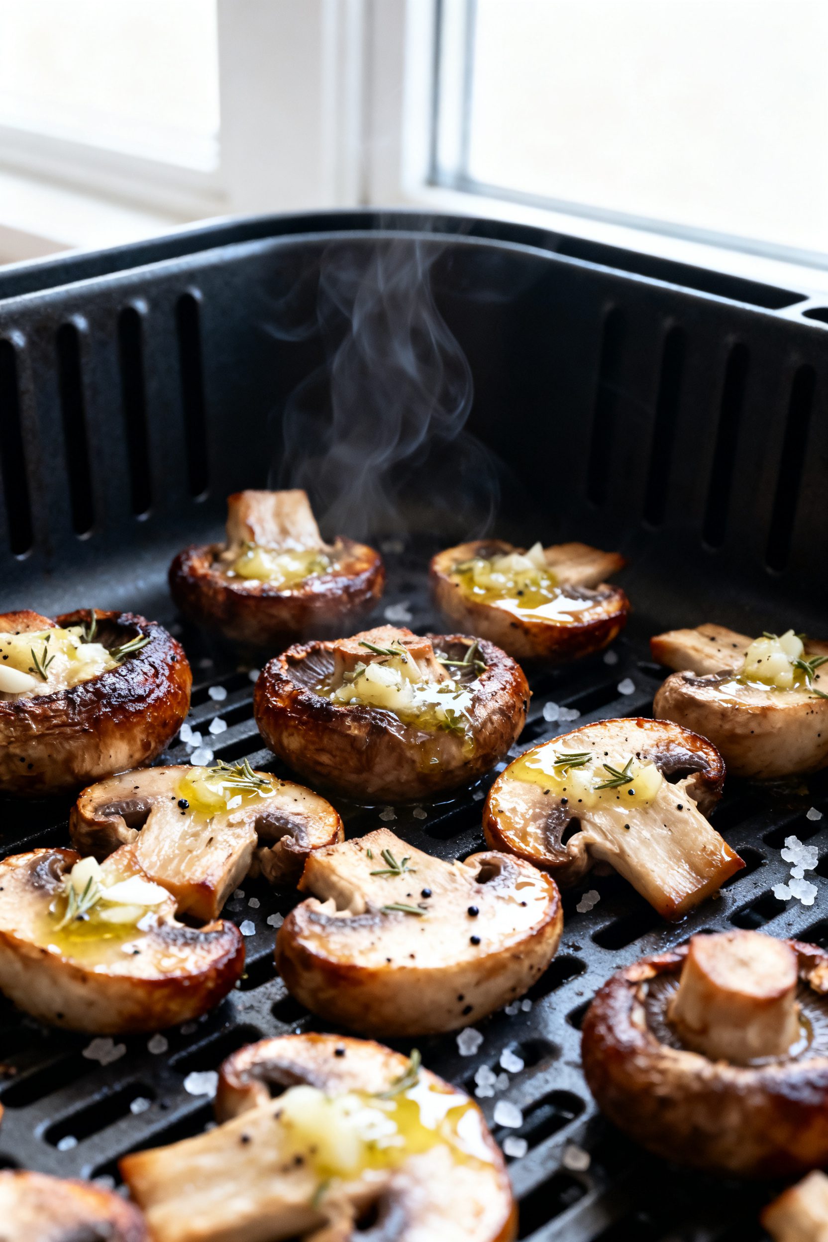 Close-up detail shot: Air fryer garlic mushrooms just out of the basket, edges deeply browned and gl