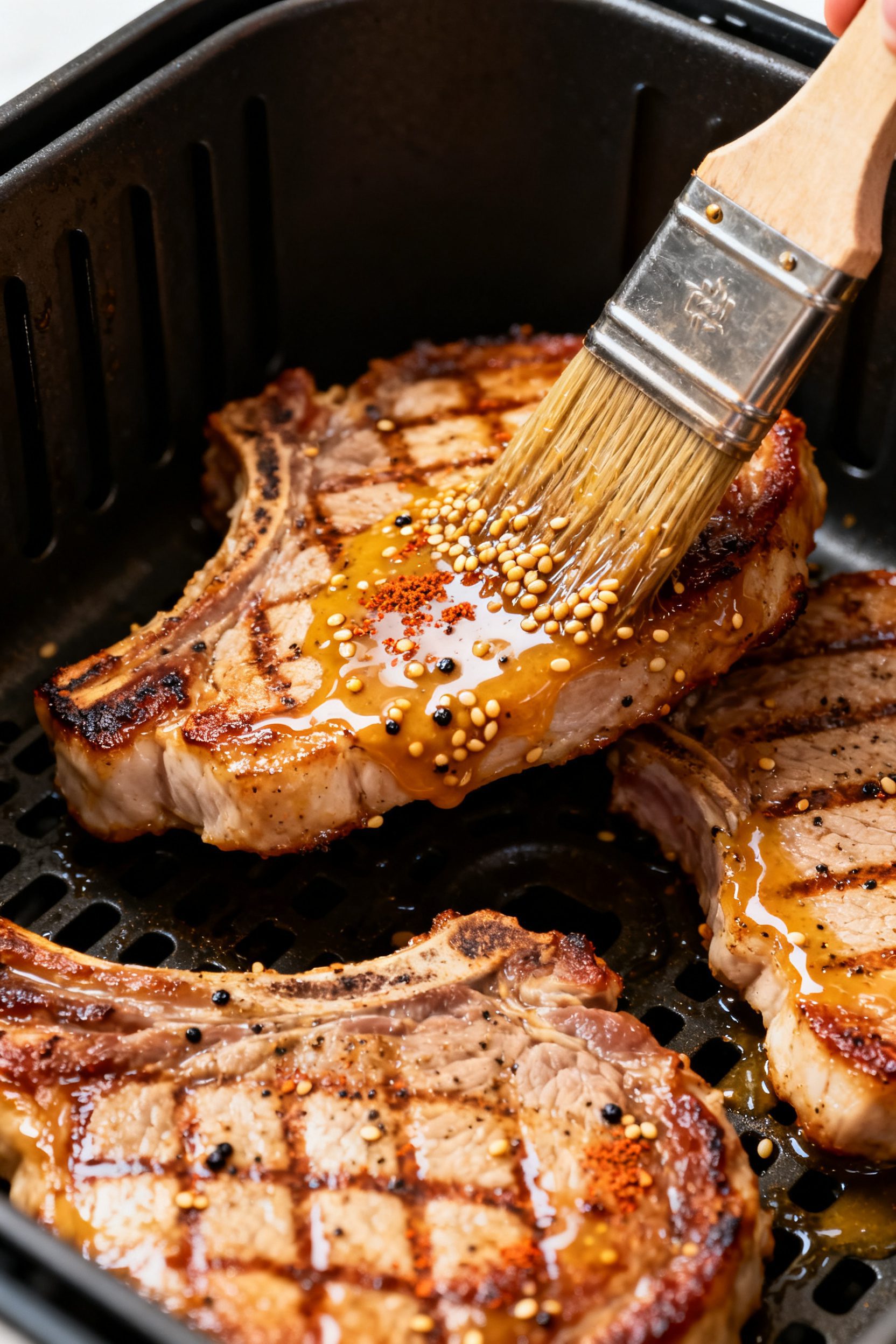 Close-up detail shot: Air fryer honey mustard pork chops just flipped in the basket at 380°F, edges