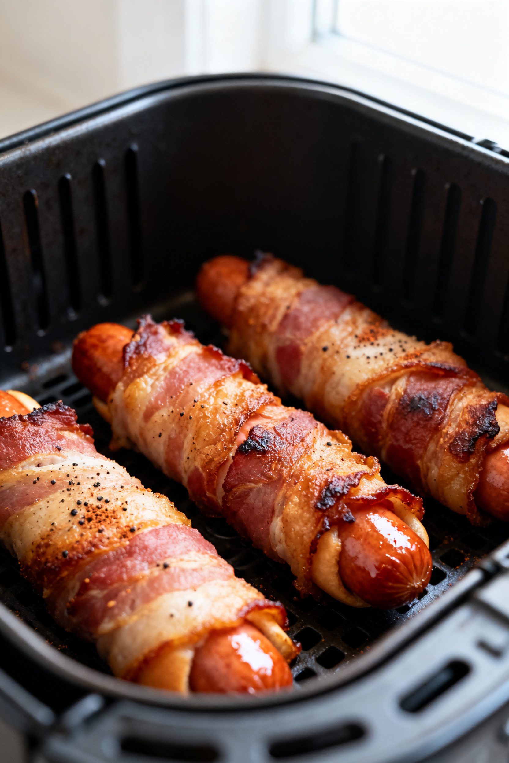Close-up detail shot: Bacon-wrapped hot dogs just out of the air fryer, bacon rendered deep golden w
