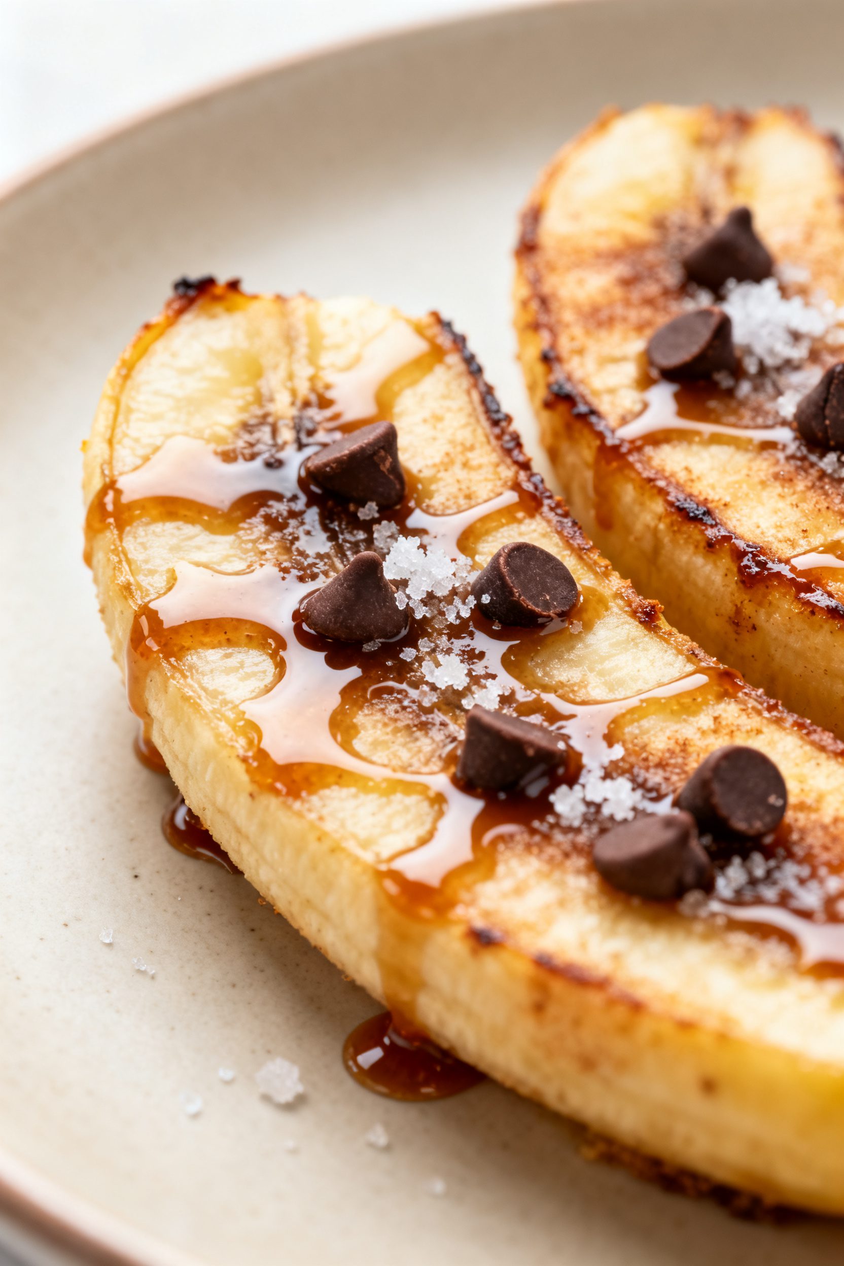 Close-up detail shot: Caramelized air-fried banana halves, cut side up, glistening with a butter–b