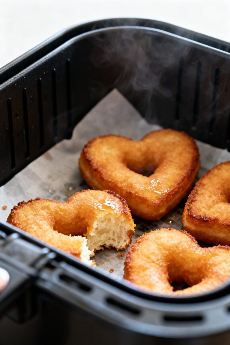 Close-up detail shot: freshly air-fried heart-shaped donuts just out of the basket, golden-brown wit