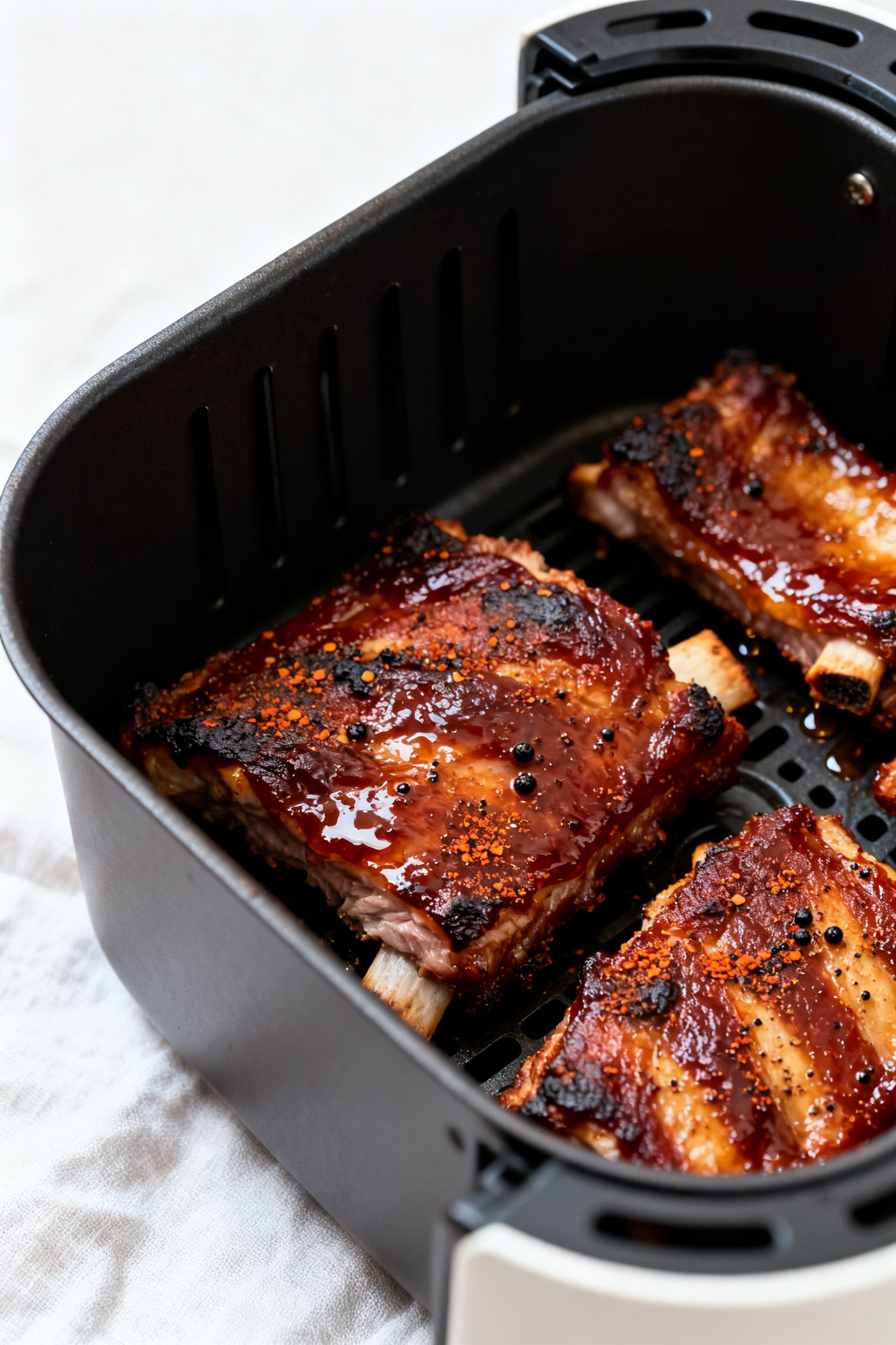 Close-up detail shot: Glazed country style pork ribs just out of the air fryer basket, edges crisp a