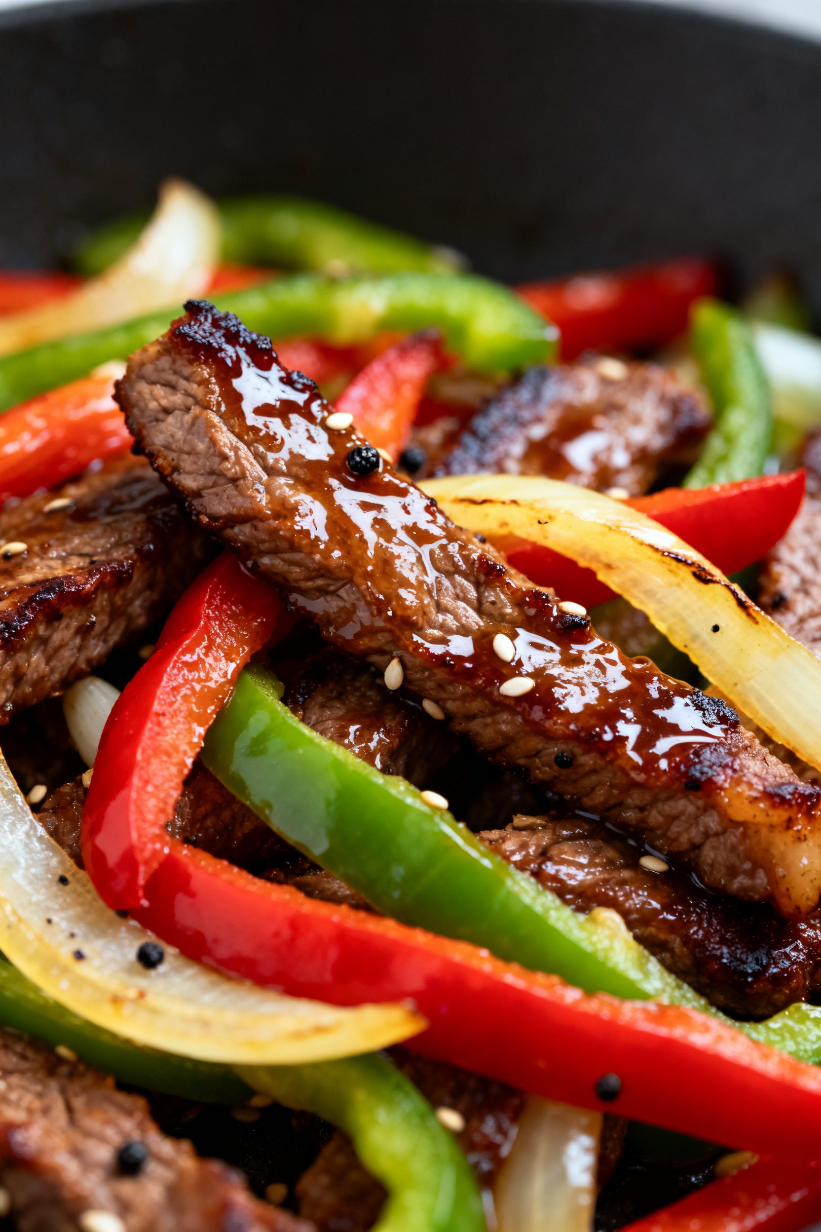 Close-up detail shot: Glossy, air-fried pepper steak strips with caramelized, browned edges nestled 