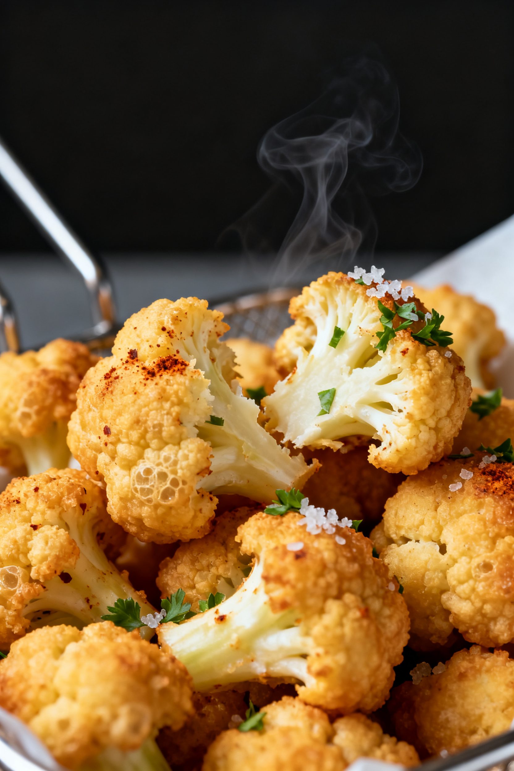 Close-up detail shot: Golden, air-fried battered cauliflower florets just out of the basket, ultra-c