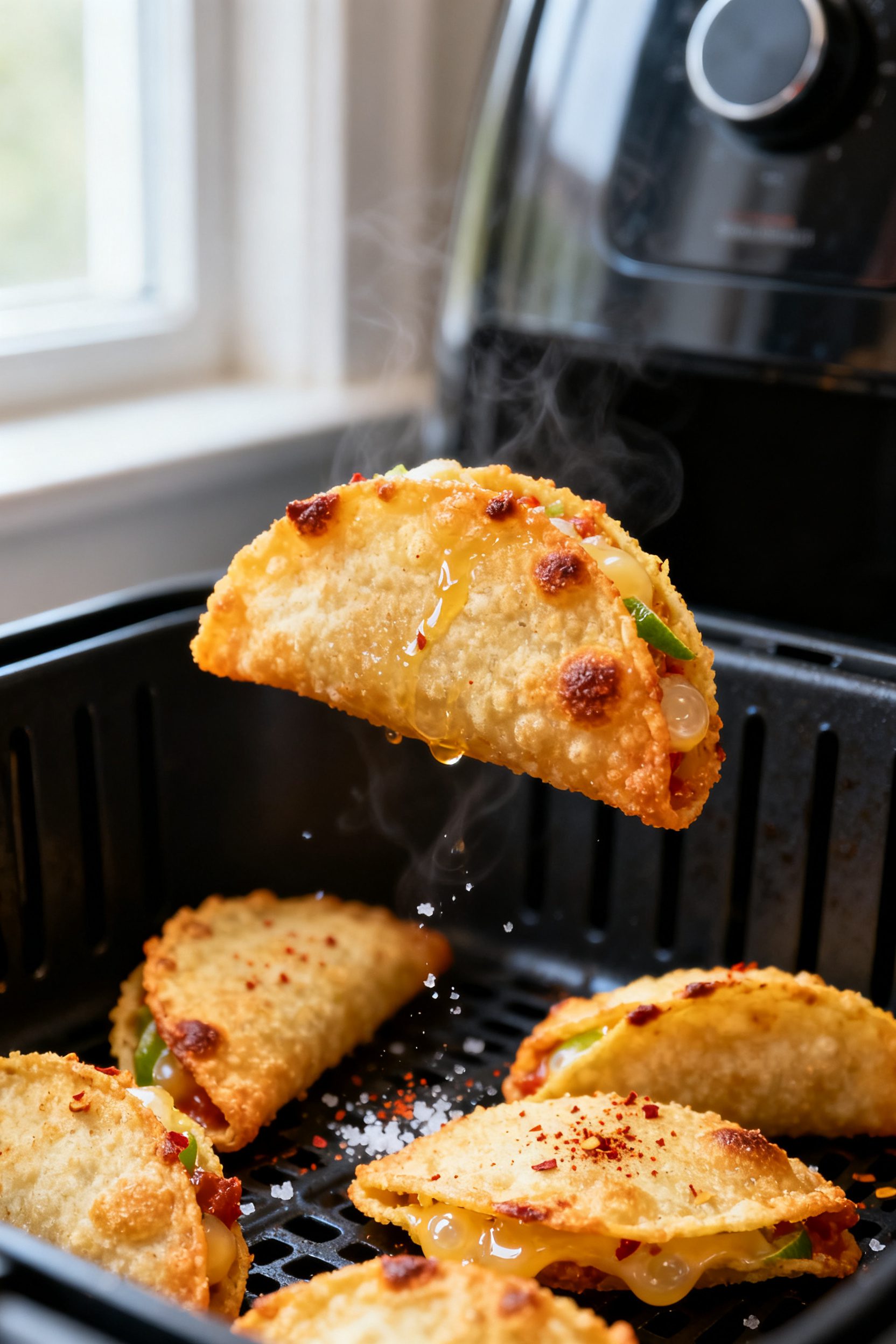 Close-up detail shot: Golden, air-fried frozen mini tacos just out of the basket at the 6–8 minute