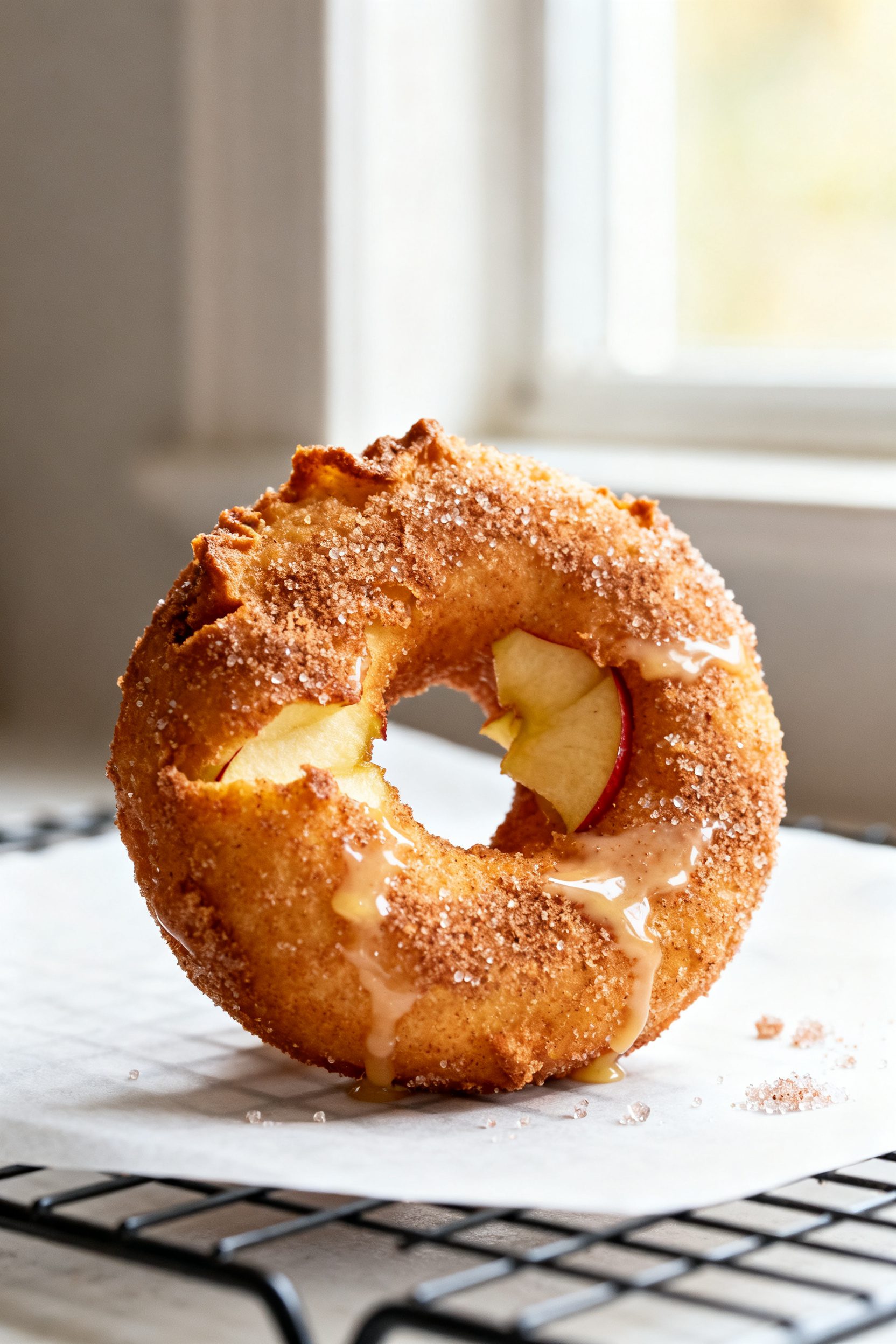 Close-up detail shot: Golden-brown air-fried apple ring donut just out of the basket, coated in spar