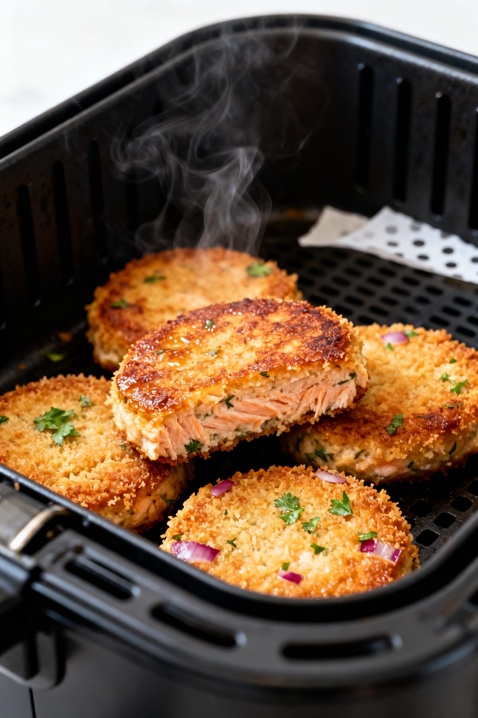 Close-up detail shot: Golden-brown air-fried salmon cakes just out of the basket, crisp panko crust 