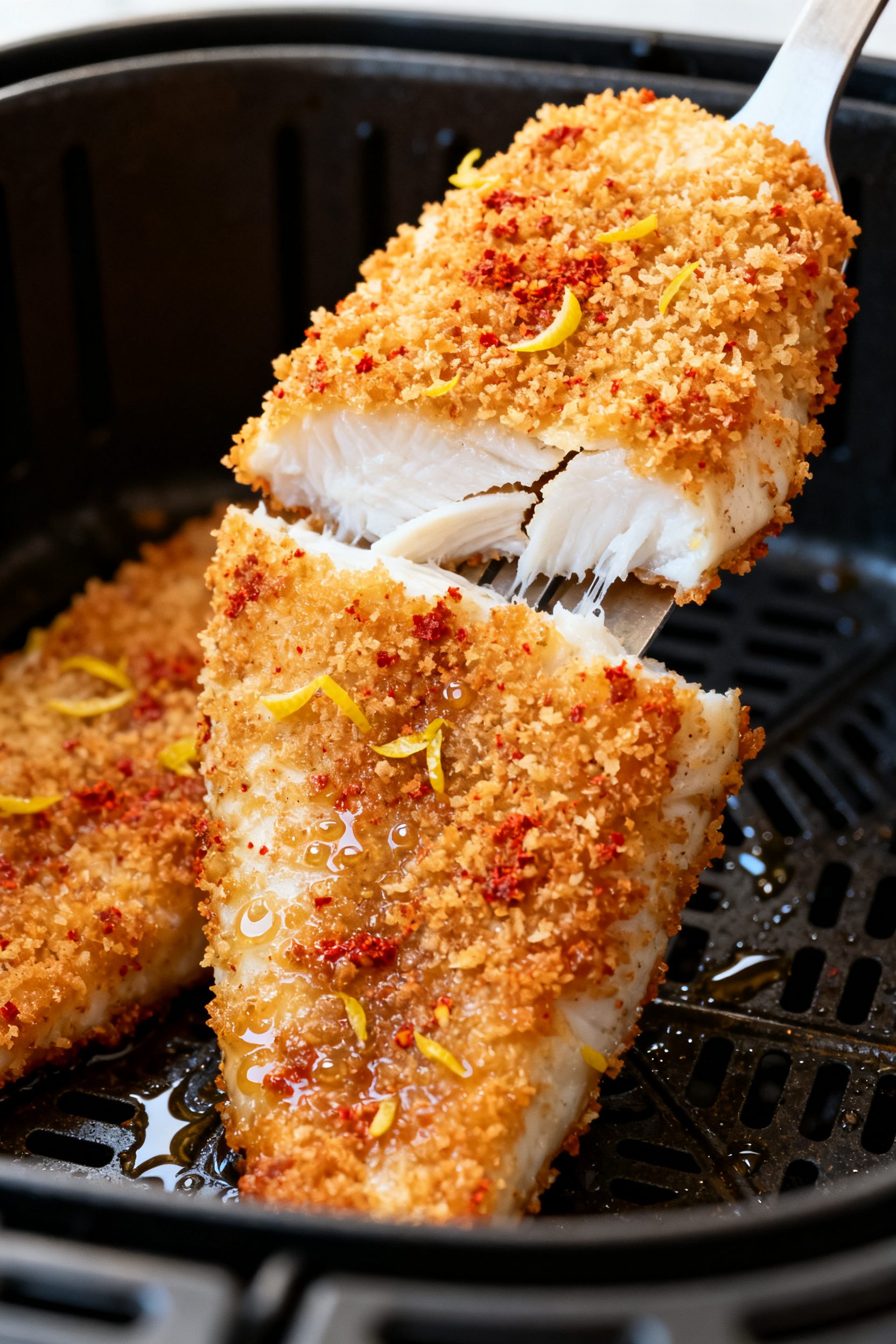 Close-up detail shot: Golden-brown air fryer cod just finished cooking, fillet lifted slightly with 