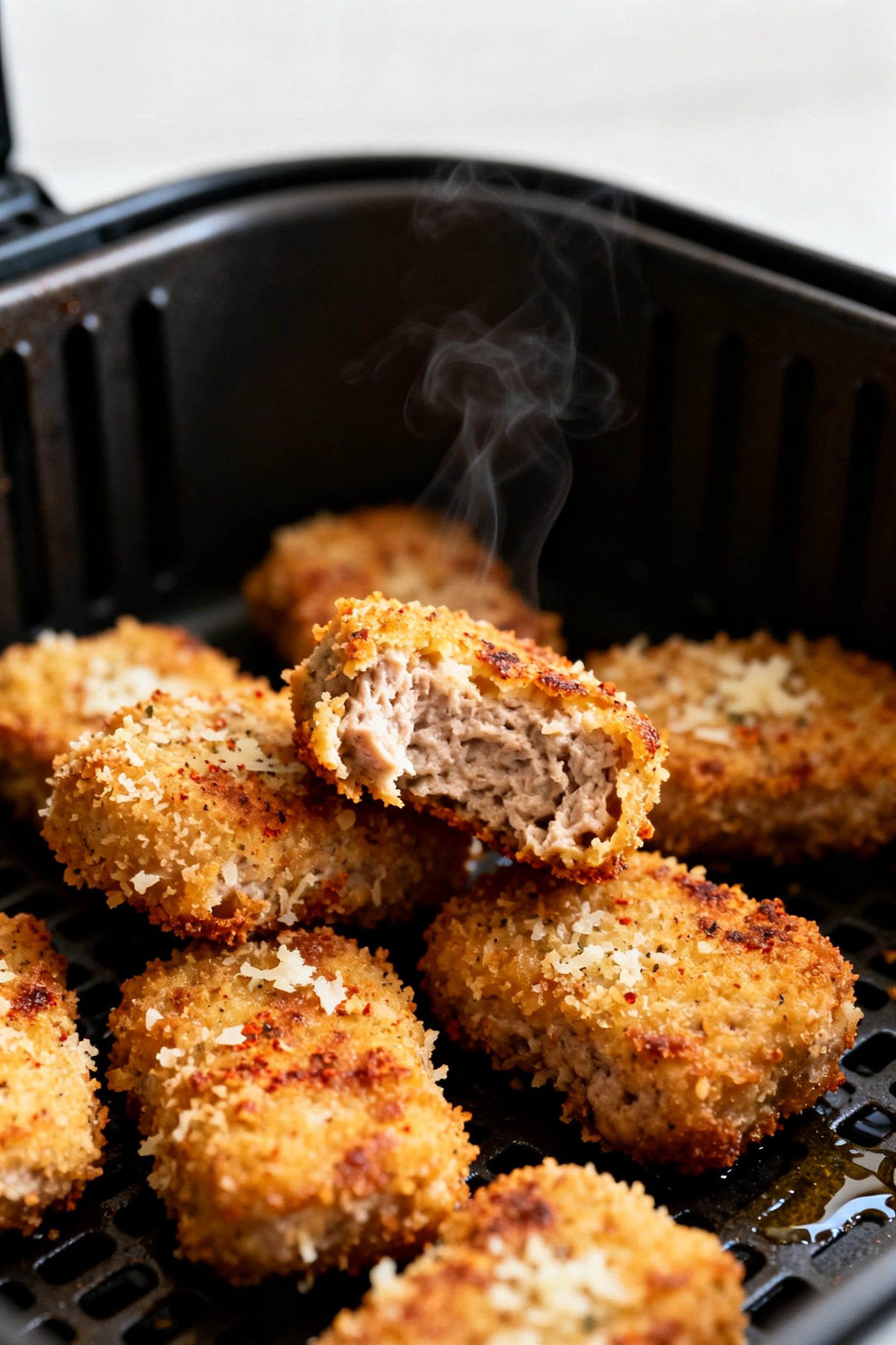 Close-up detail shot: Golden-brown air fryer ground turkey nuggets just out of the basket, crisp, pa
