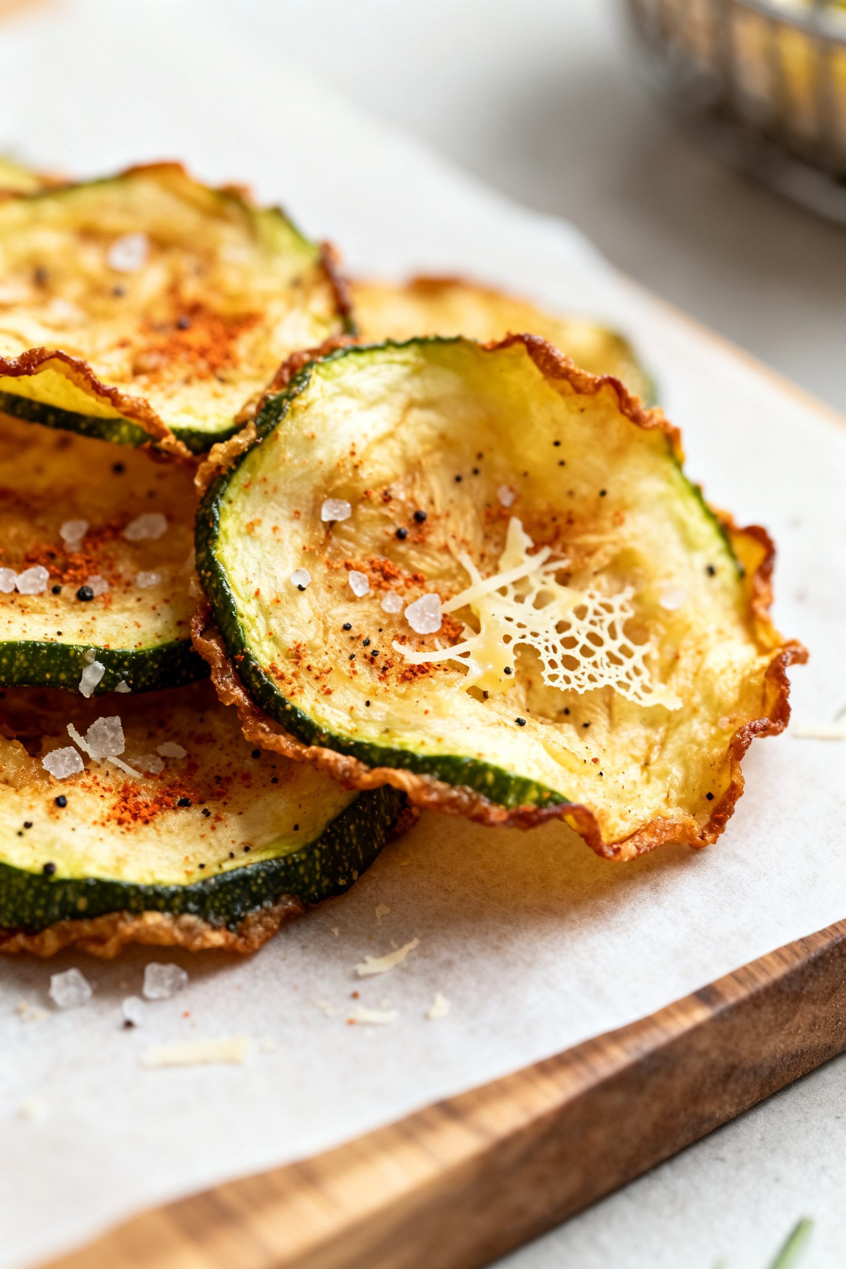 Close-up detail shot: Golden-brown air fryer zucchini chips just out of the basket, edges crisp and 