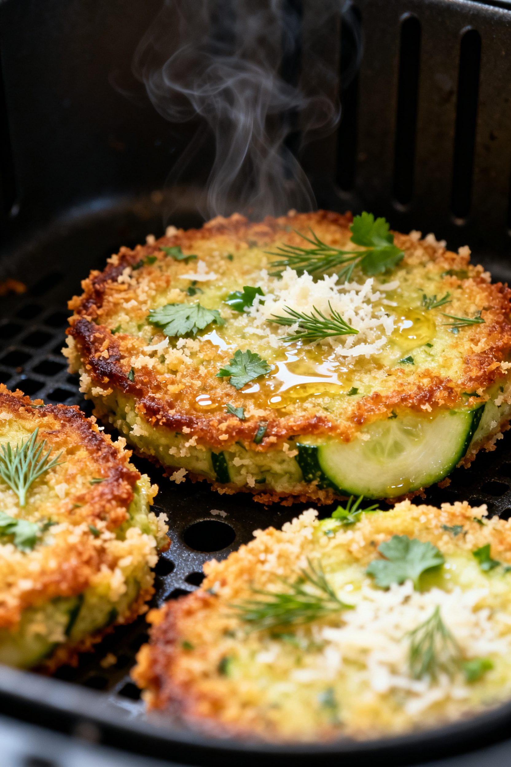 Close-up detail shot: Golden-brown air fryer zucchini patties just flipped in the basket at 380°F, 