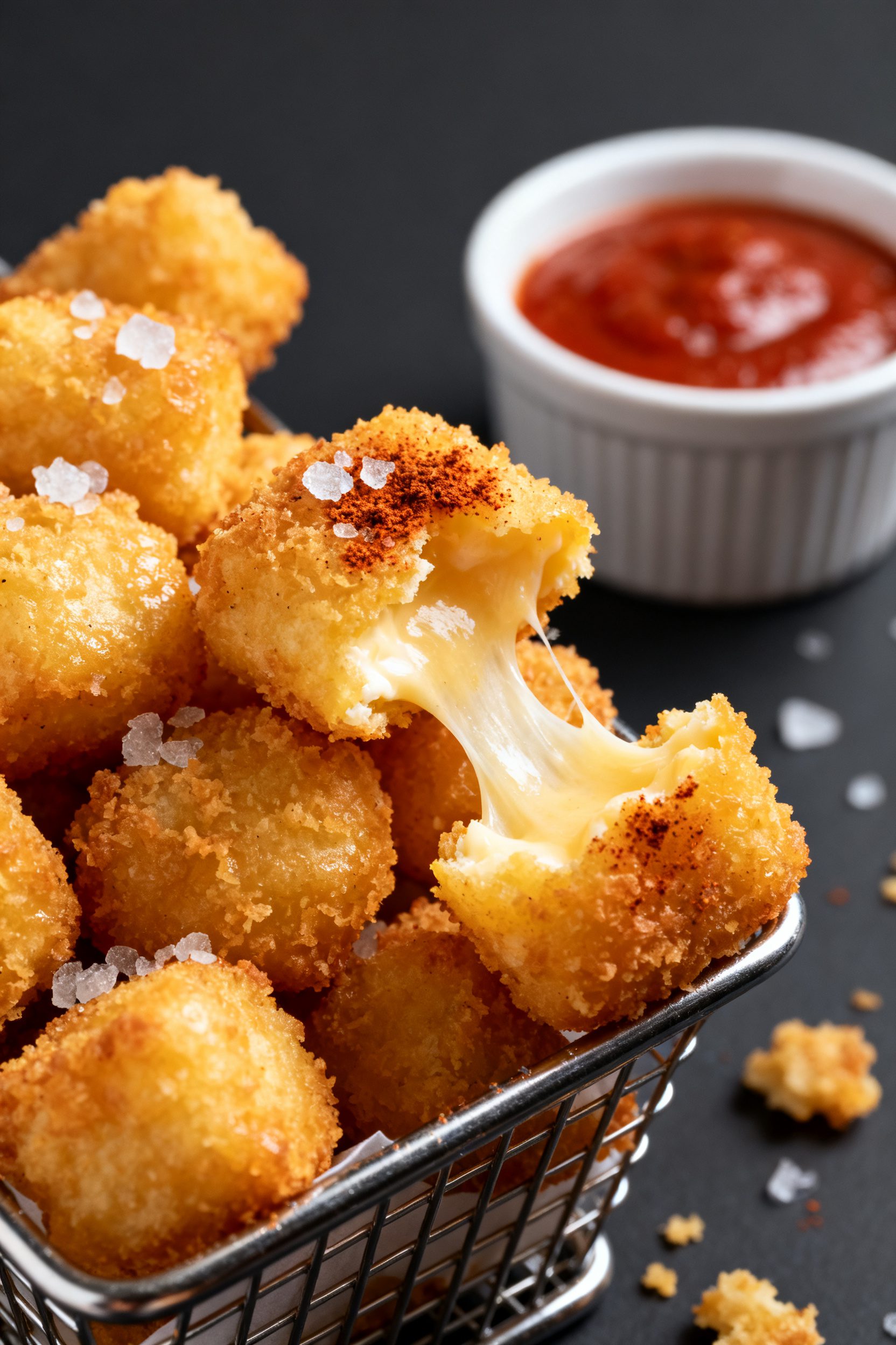 Close-up detail shot: Golden-brown gluten-free air-fried cheese curds just out of the basket, double