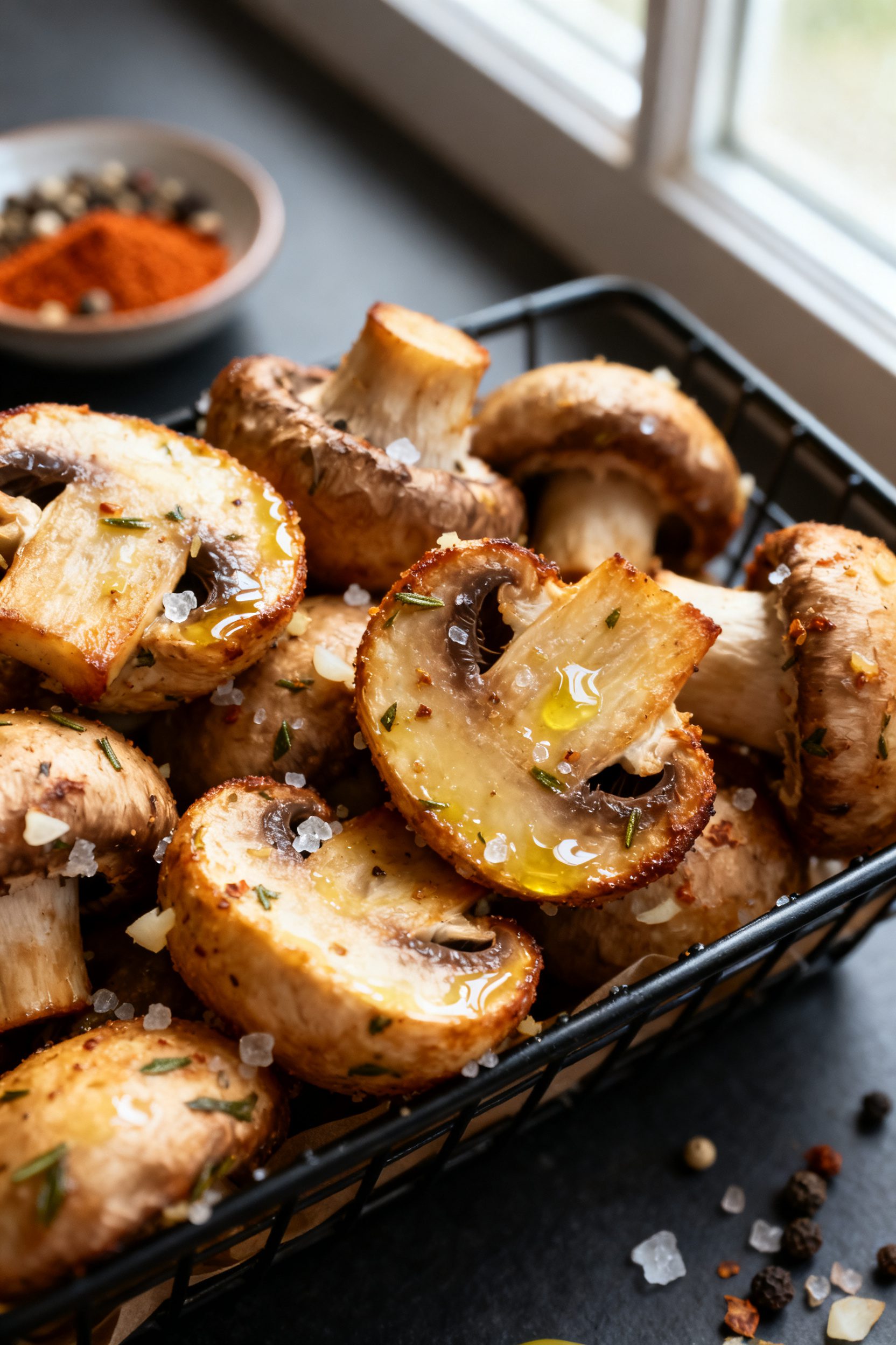 Close-up detail shot: Golden-browned air-fried cremini mushrooms just out of the basket, edges light