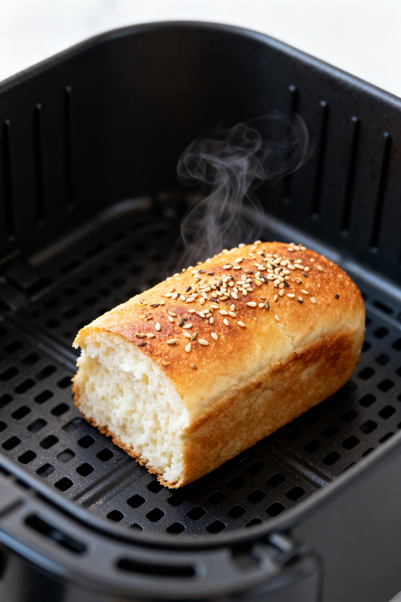 Close-up detail shot of a freshly air-fried cottage cheese bread mini loaf just out of the air fryer