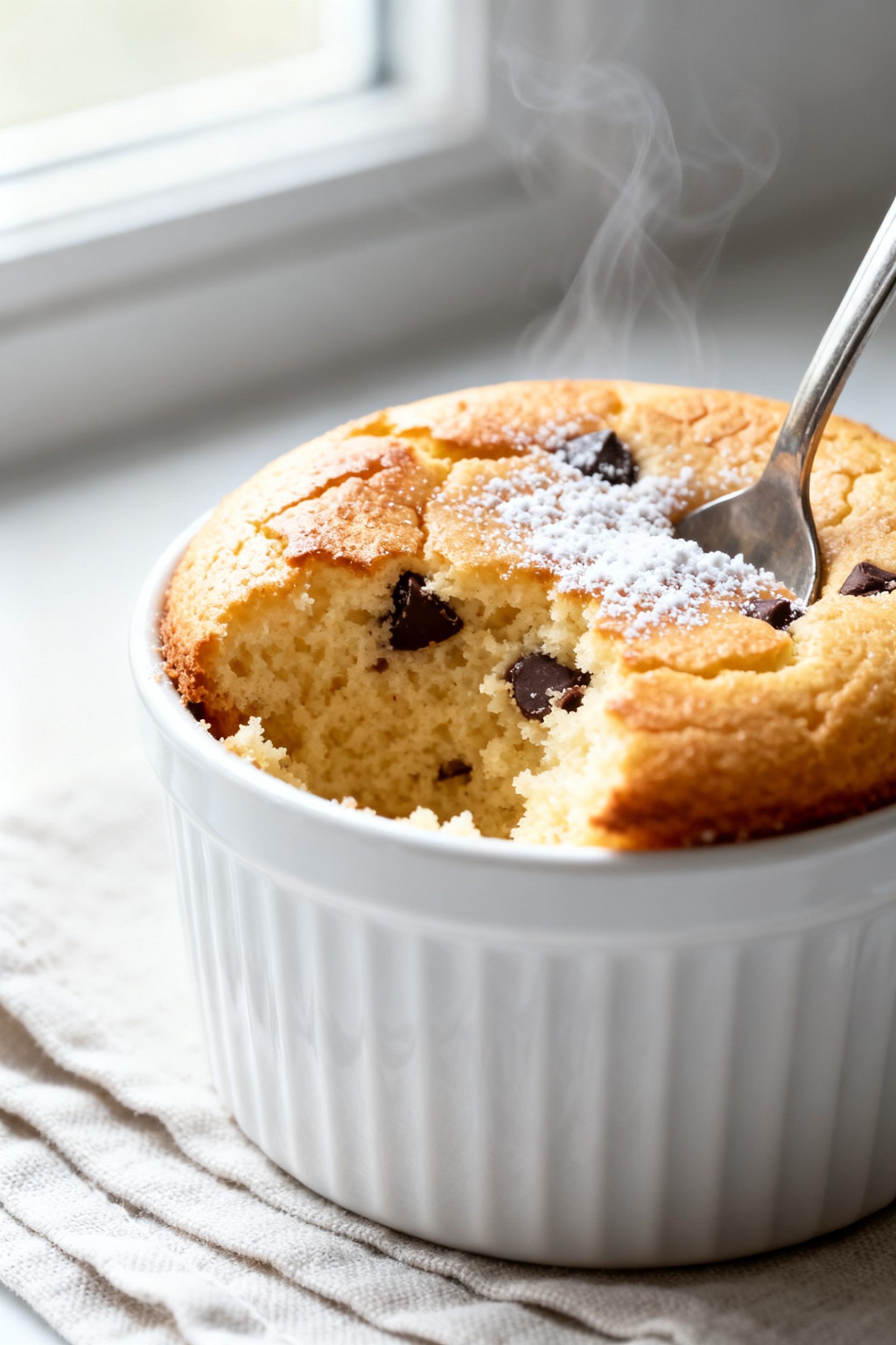 Close-up detail shot of a freshly air-fried single-serve vanilla cake in a 10-ounce white ramekin, g