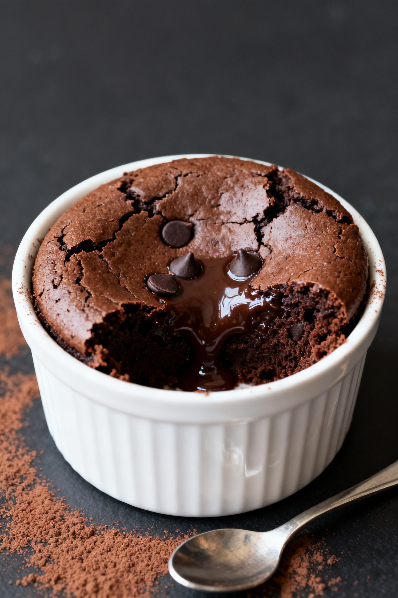 Close-up detail shot of a freshly air-fried single-serve brownie in a white 6–8 oz ramekin, edges