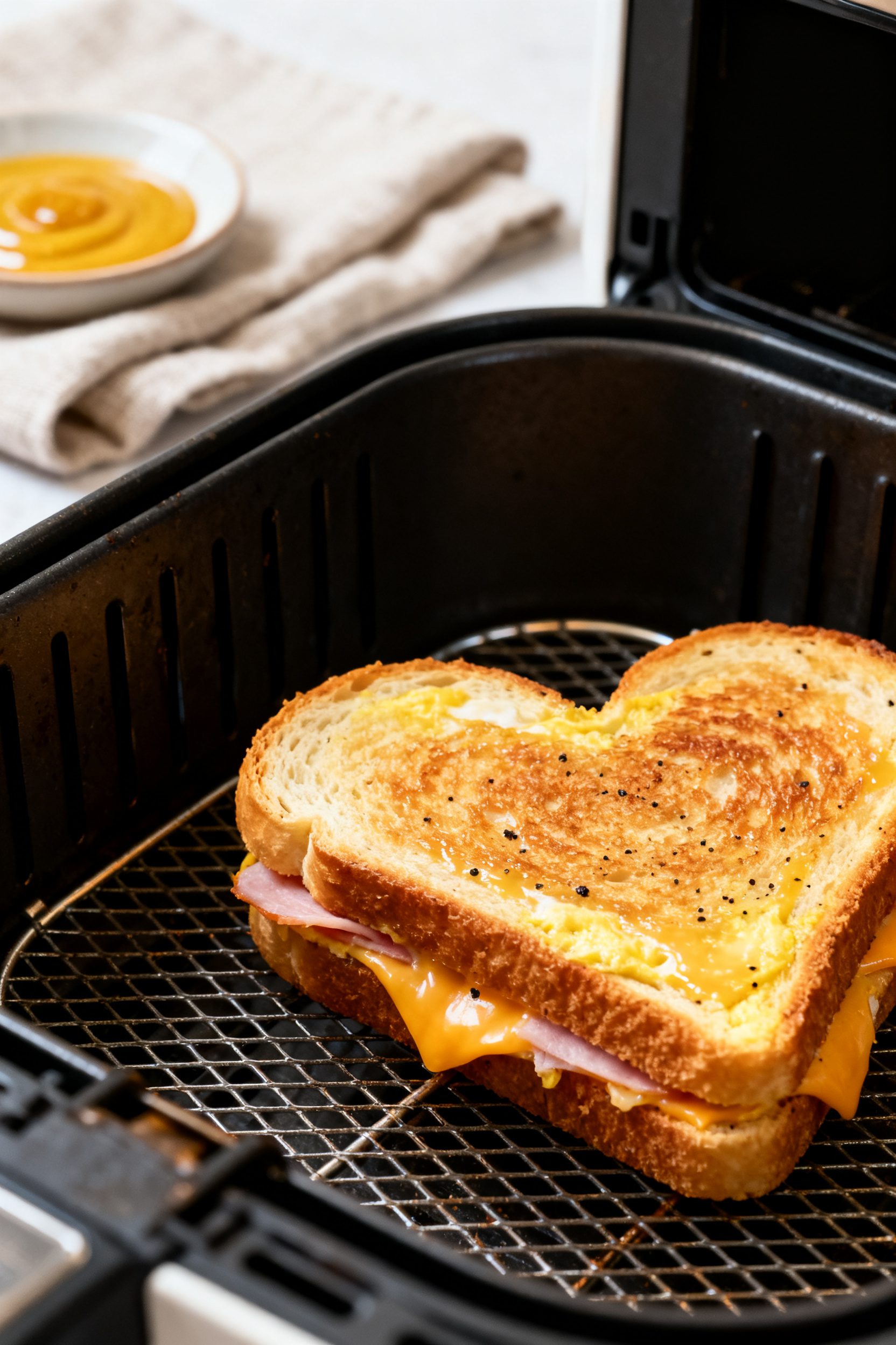 Close-up detail shot of a heart-shaped savory air-fried sandwich just after cooking, showing crisp,