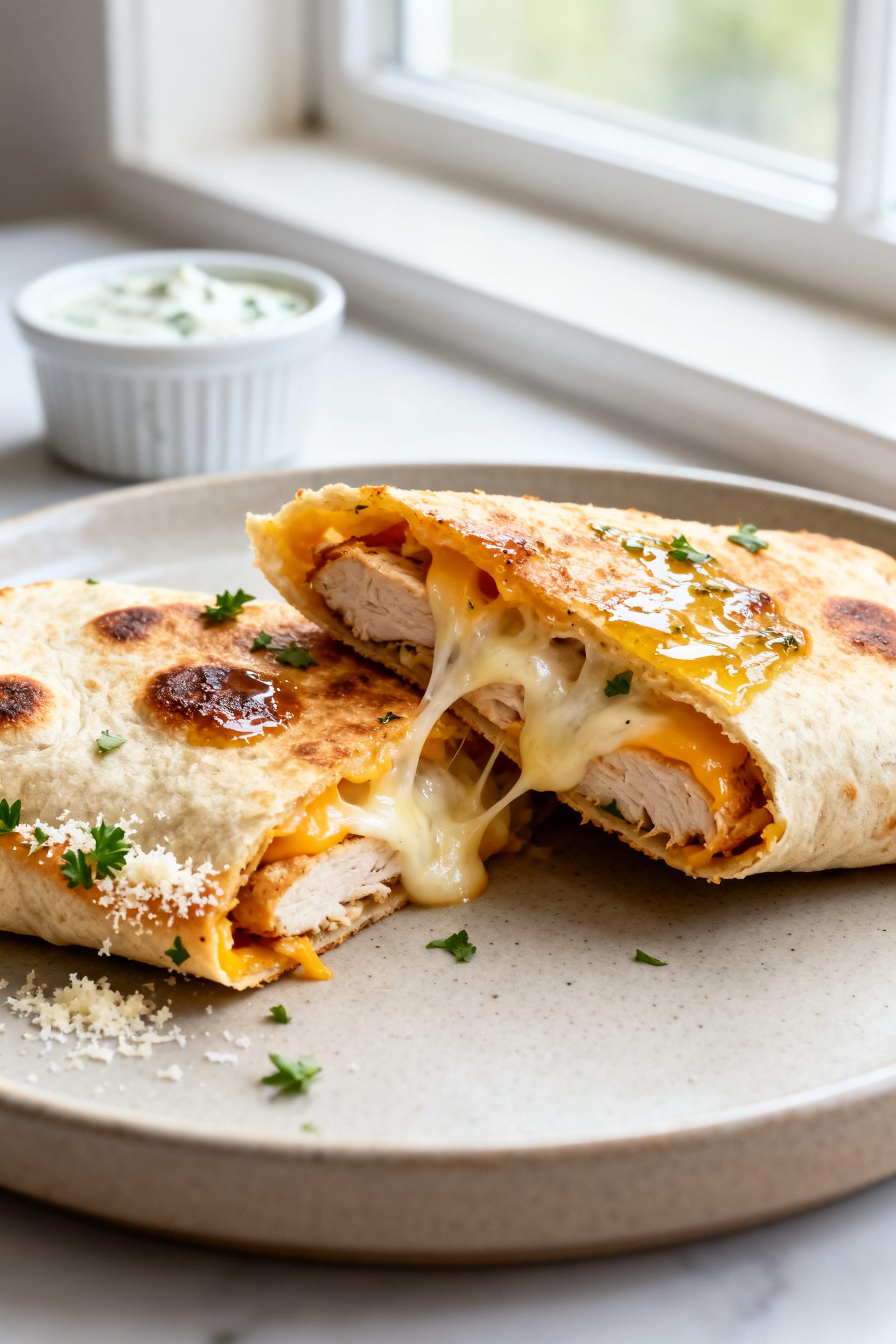 Close-up detail shot of a just-air-fried cheesy garlic chicken wrap sliced on the bias, showing gooe