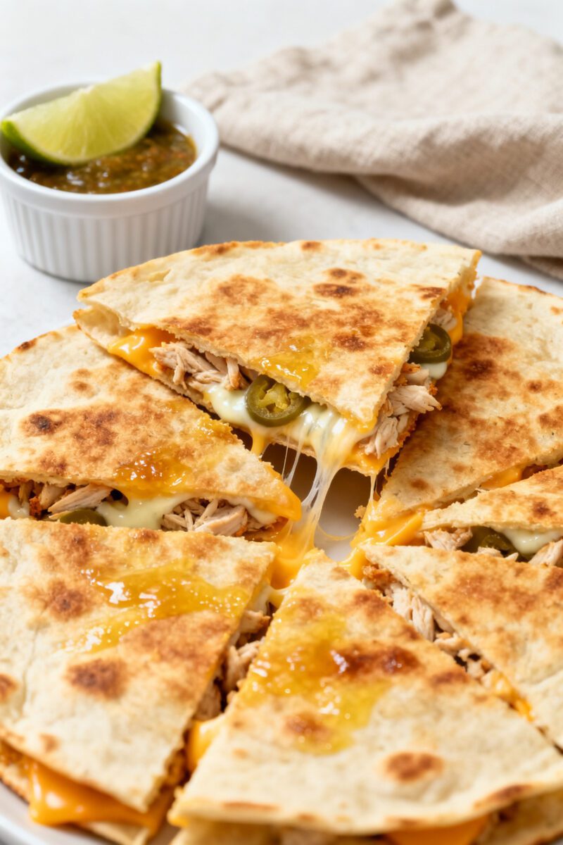 Close-up detail shot of a just-air-fried chicken and cheese quesadilla sliced into wedges, showing g