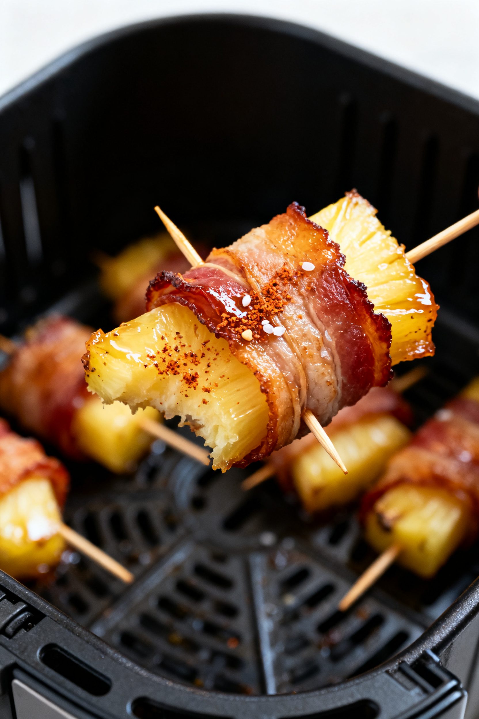 Close-up detail shot of air-fried bacon-wrapped pineapple just out of the basket: bacon deep golden 