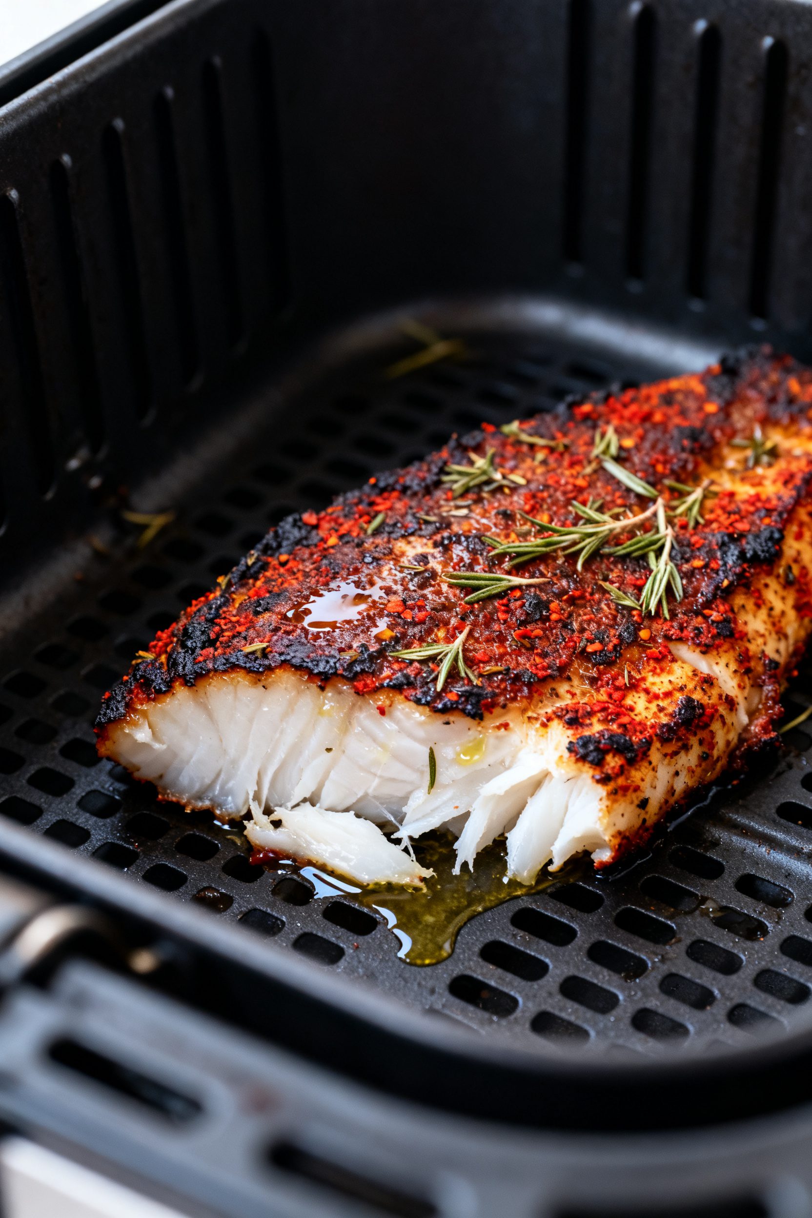 Close-up detail shot of air-fried blackened cod just out of the basket: focus on the deeply toasted