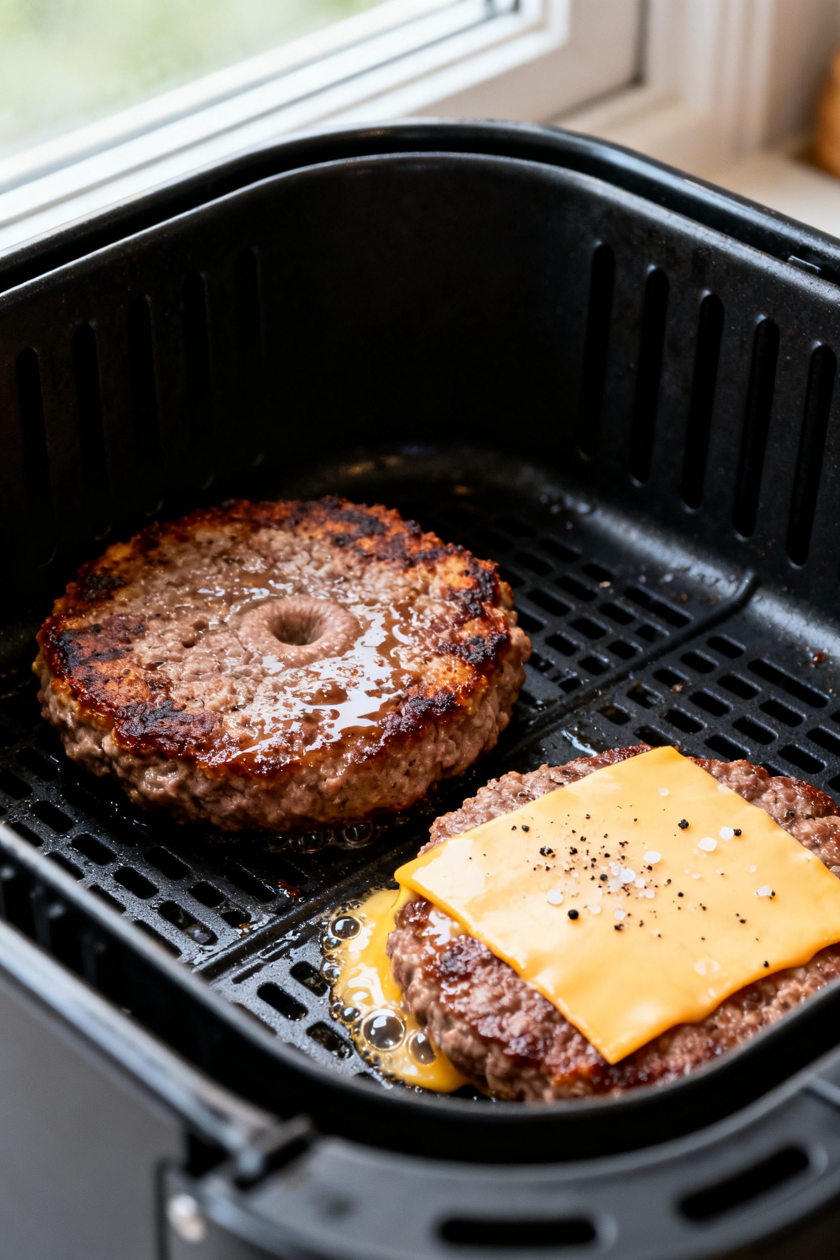 Close-up detail shot of air-fried burger patties just after the flip: two 80/20 beef patties in an o