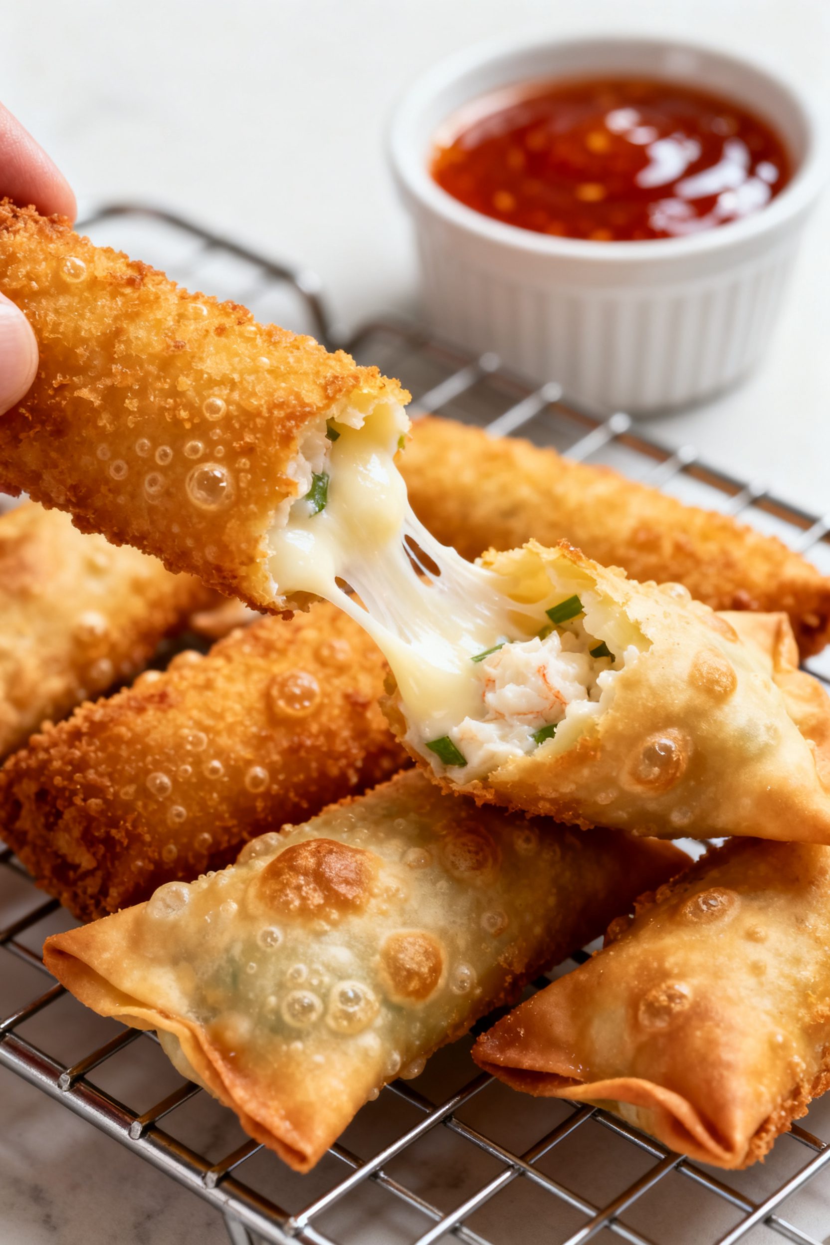 Close-up detail shot of air-fried Crab Rangoon Mozzarella Sticks just out of the basket: golden, bli