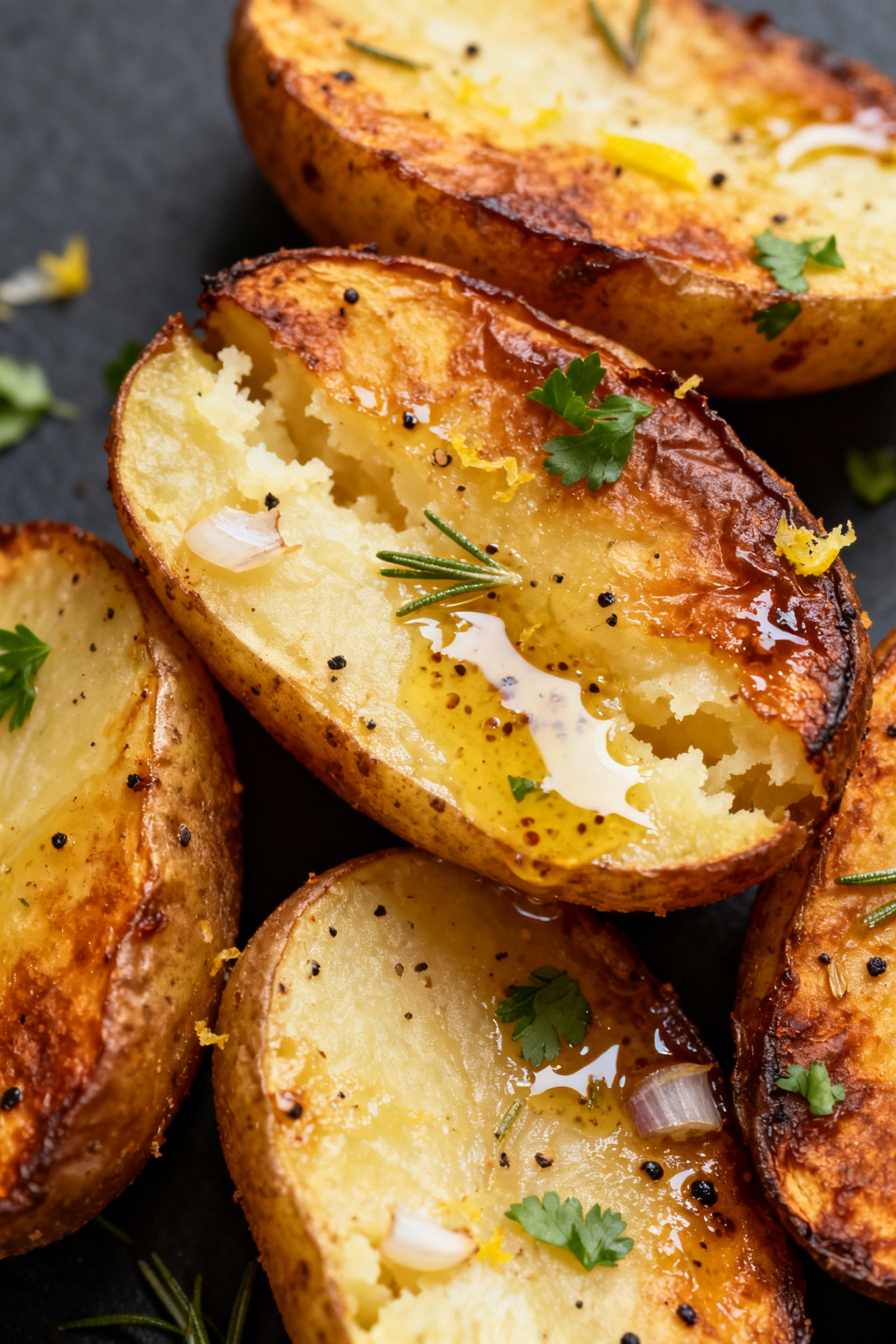 Close-up detail shot of air-fried Dutch potatoes just out of the basket: halved golden potatoes with
