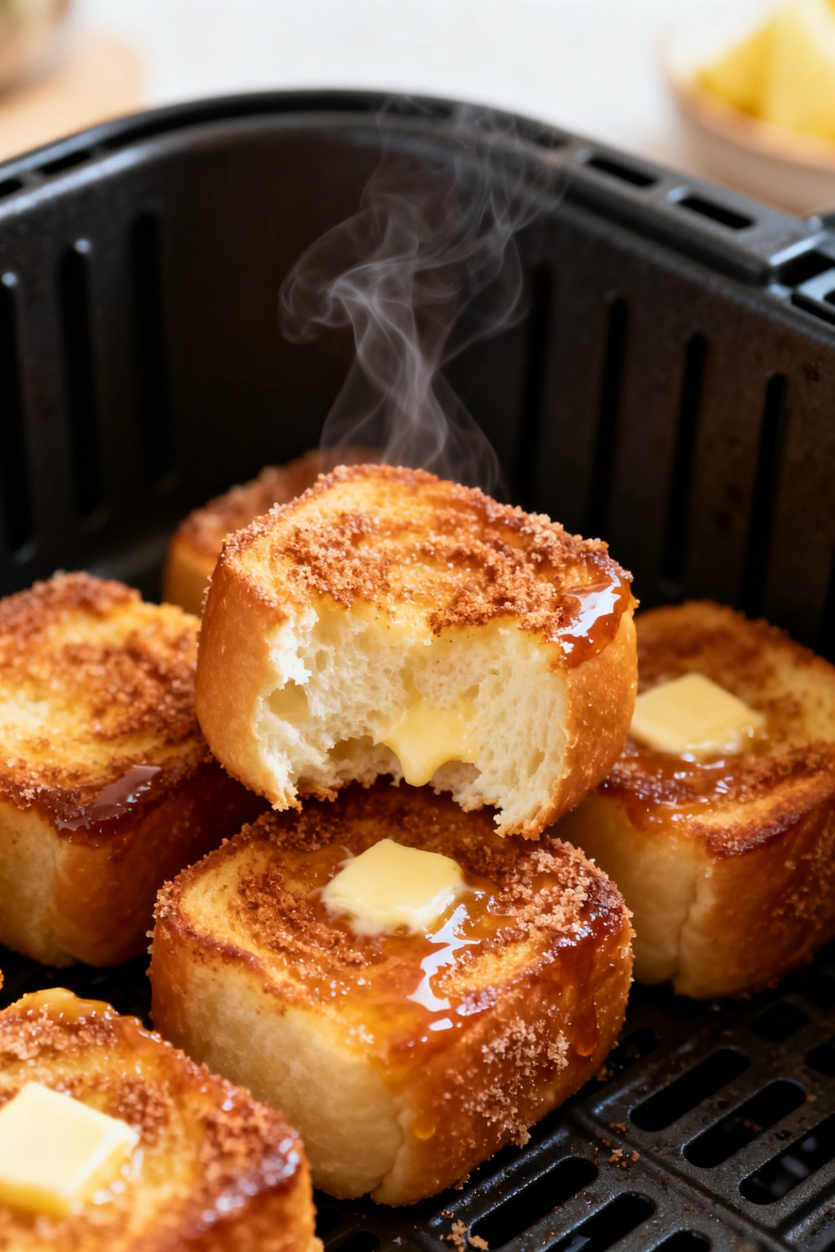 Close-up detail shot of air-fried Hawaiian roll French toast bites just out of the air fryer basket 