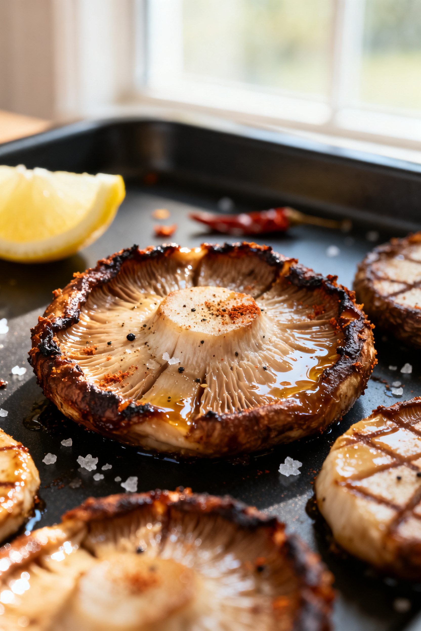 Close-up detail shot of air-fried king oyster mushroom “scallops” (thick crosshatched rounds) ju
