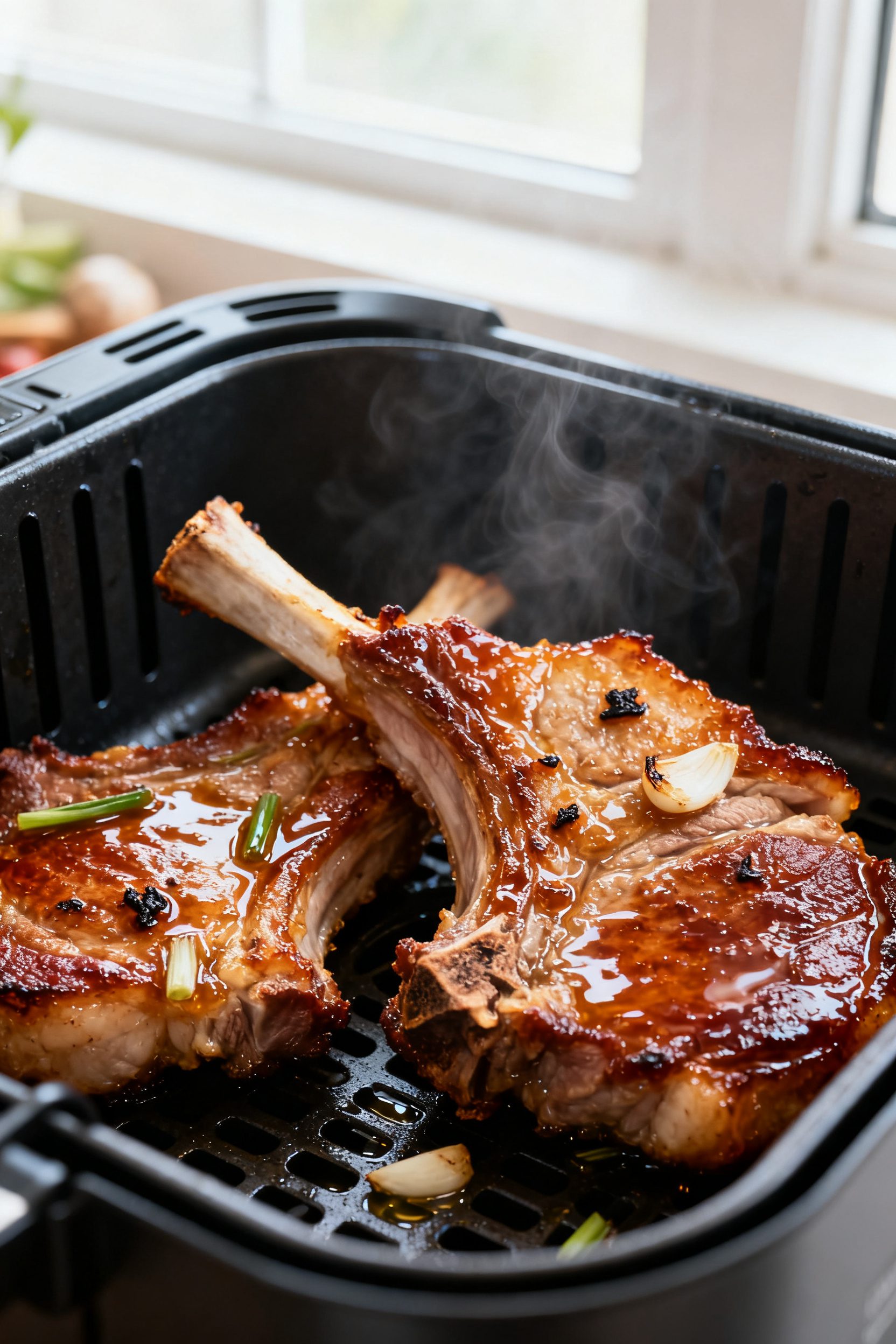 Close-up detail shot of air-fried Vietnamese pork chops just out of the basket, edges deeply caramel