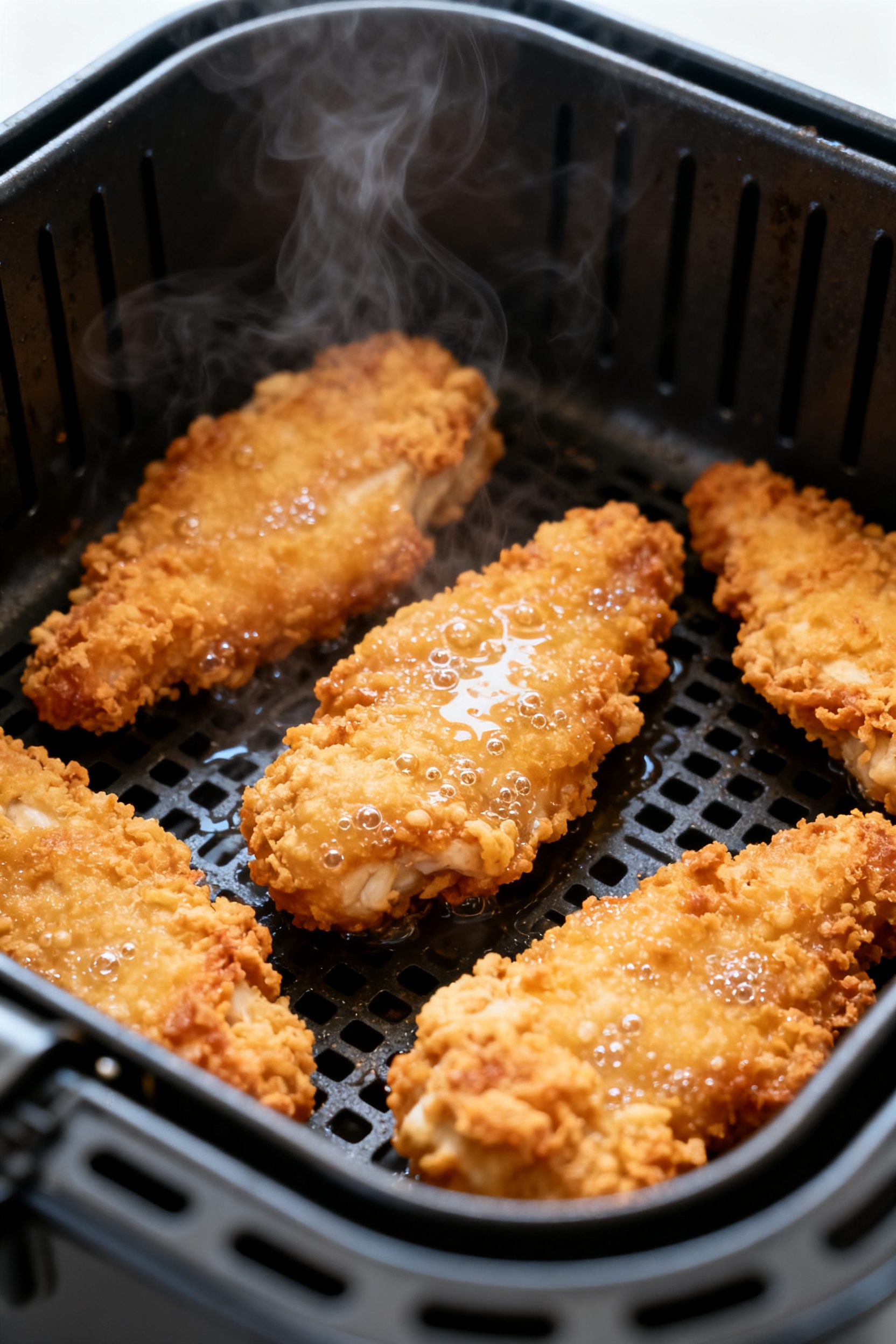 Close-up detail shot of air fryer battered chicken tenders just after flipping in the air fryer bask