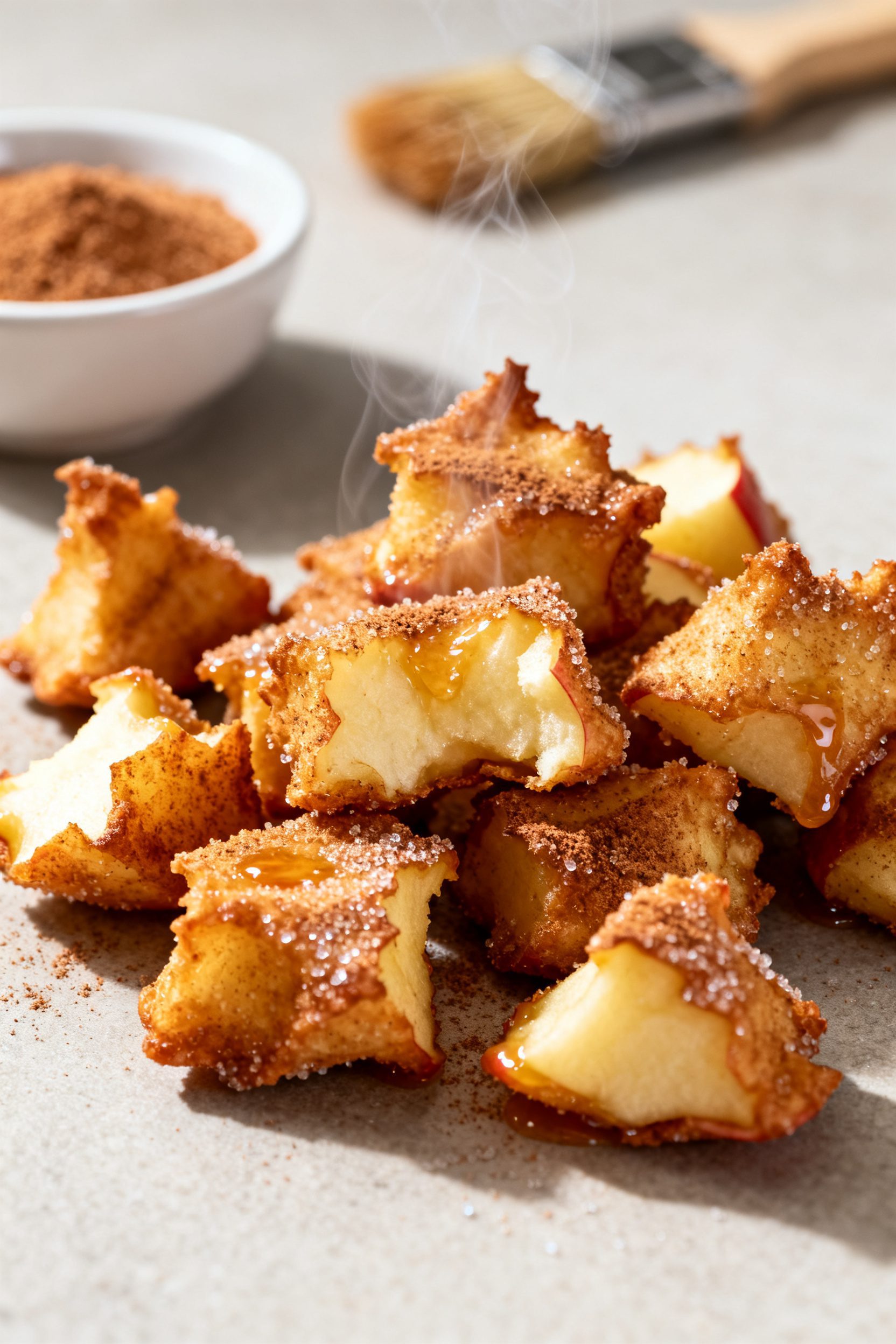 Close-up detail shot of freshly air-fried apple cinnamon bites right after tossing in warm cinnamon-